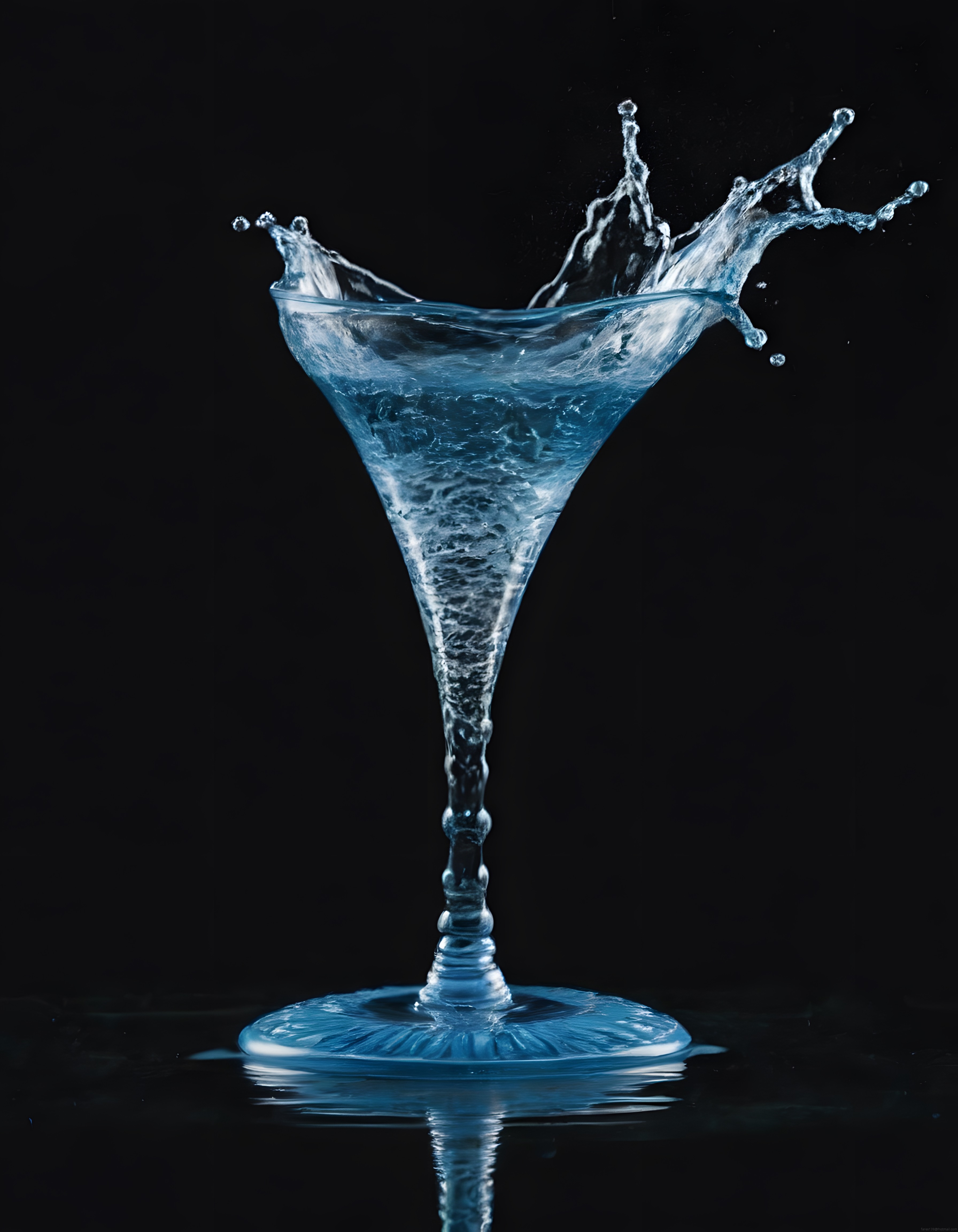 Siyah Fon Üzerine Martini Bardağında Mavi Sıvı ve Su Sıçratma Anı