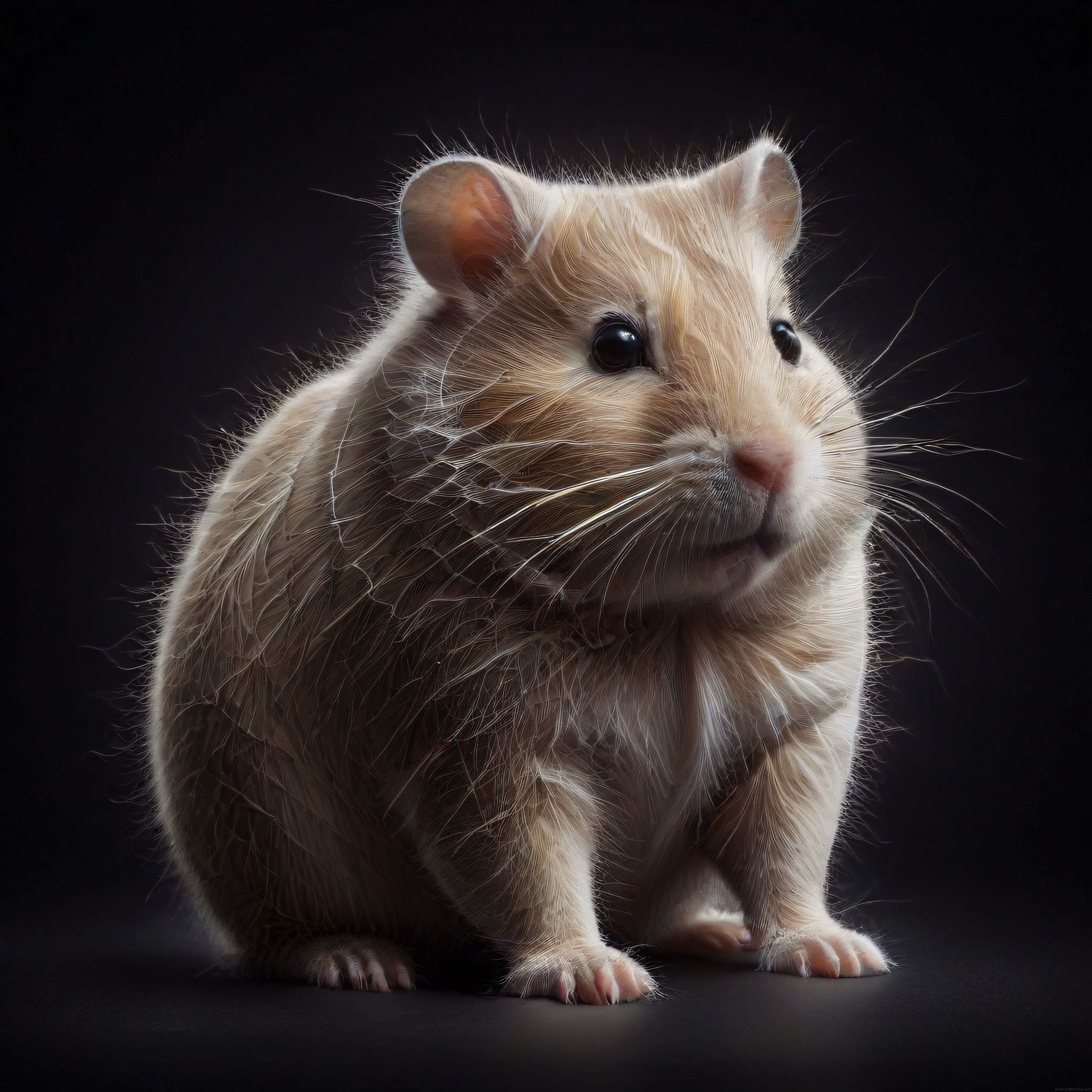 siyah fonda dramatik ışıklandırmalı sevimli hamster portresi ve tüy detayları