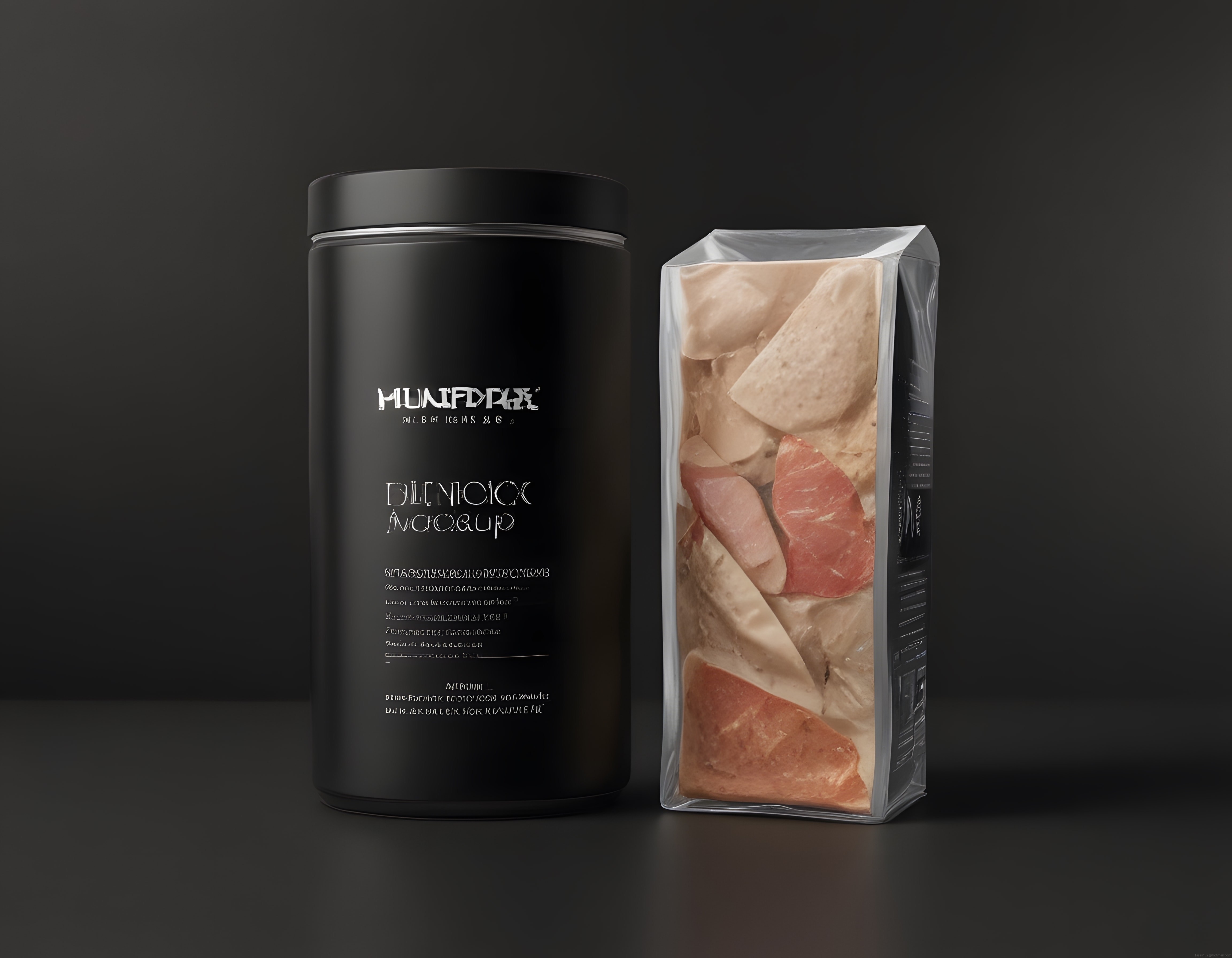 siyah fonlu premium ambalaj tasarımı mockup kavanoz ve protein paketi