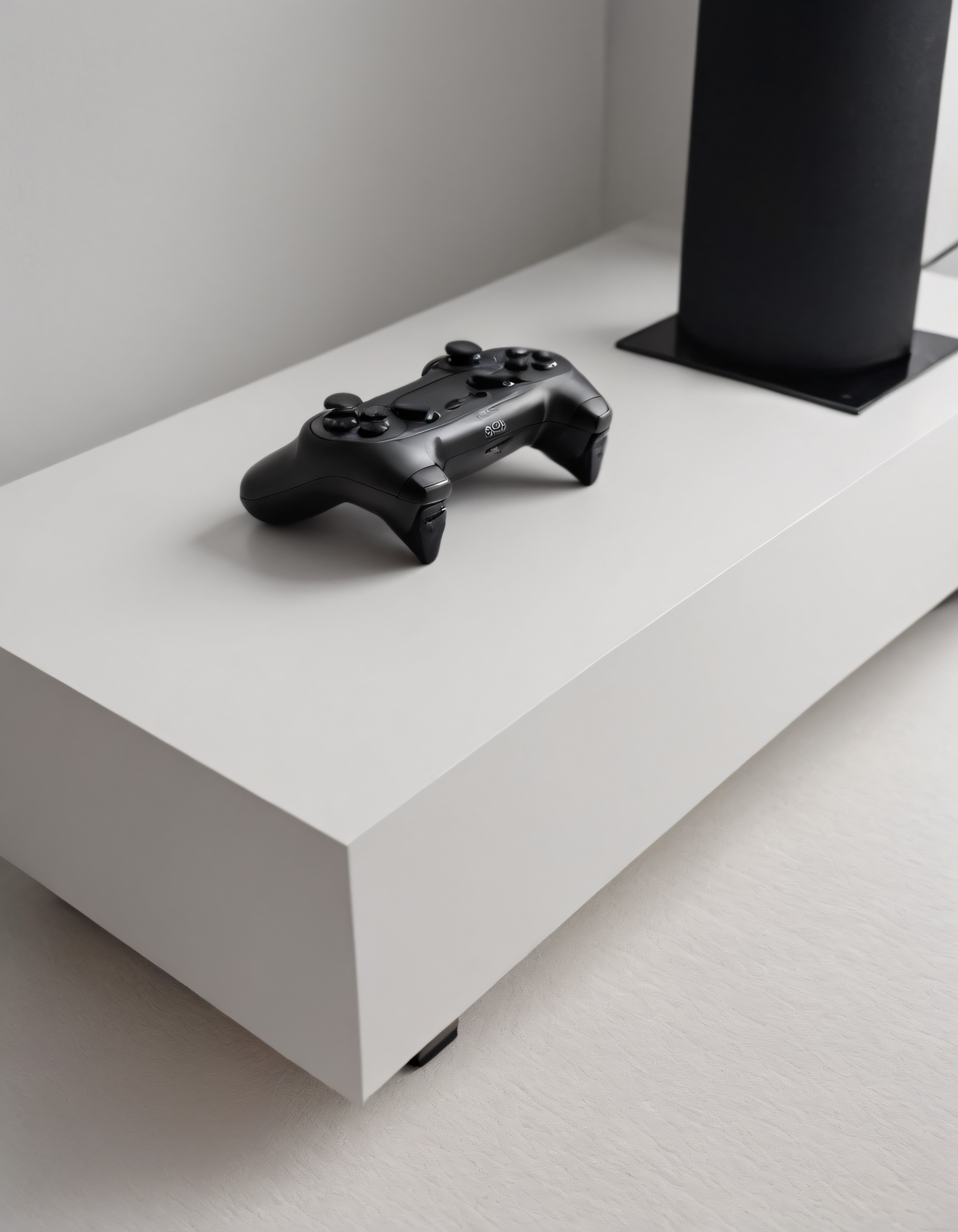 Siyah Kablosuz Oyun Kolu ile Minimalist Beyaz Sehpa ve Modern Oyun Köşesi