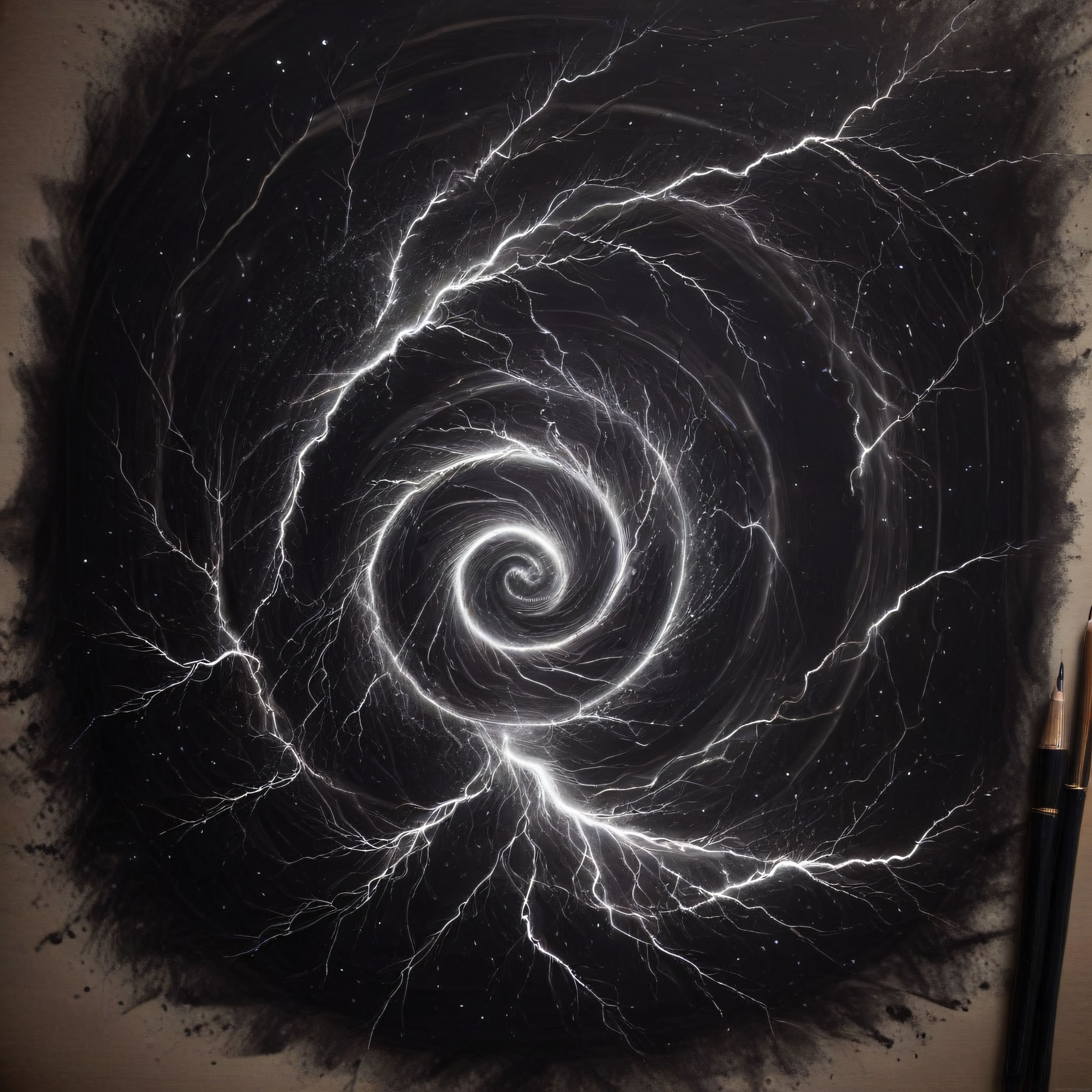 Siyah Kağıt Üzerinde Beyaz Spiral Enerji ve Yıldırım Desenli Soyut Resim
