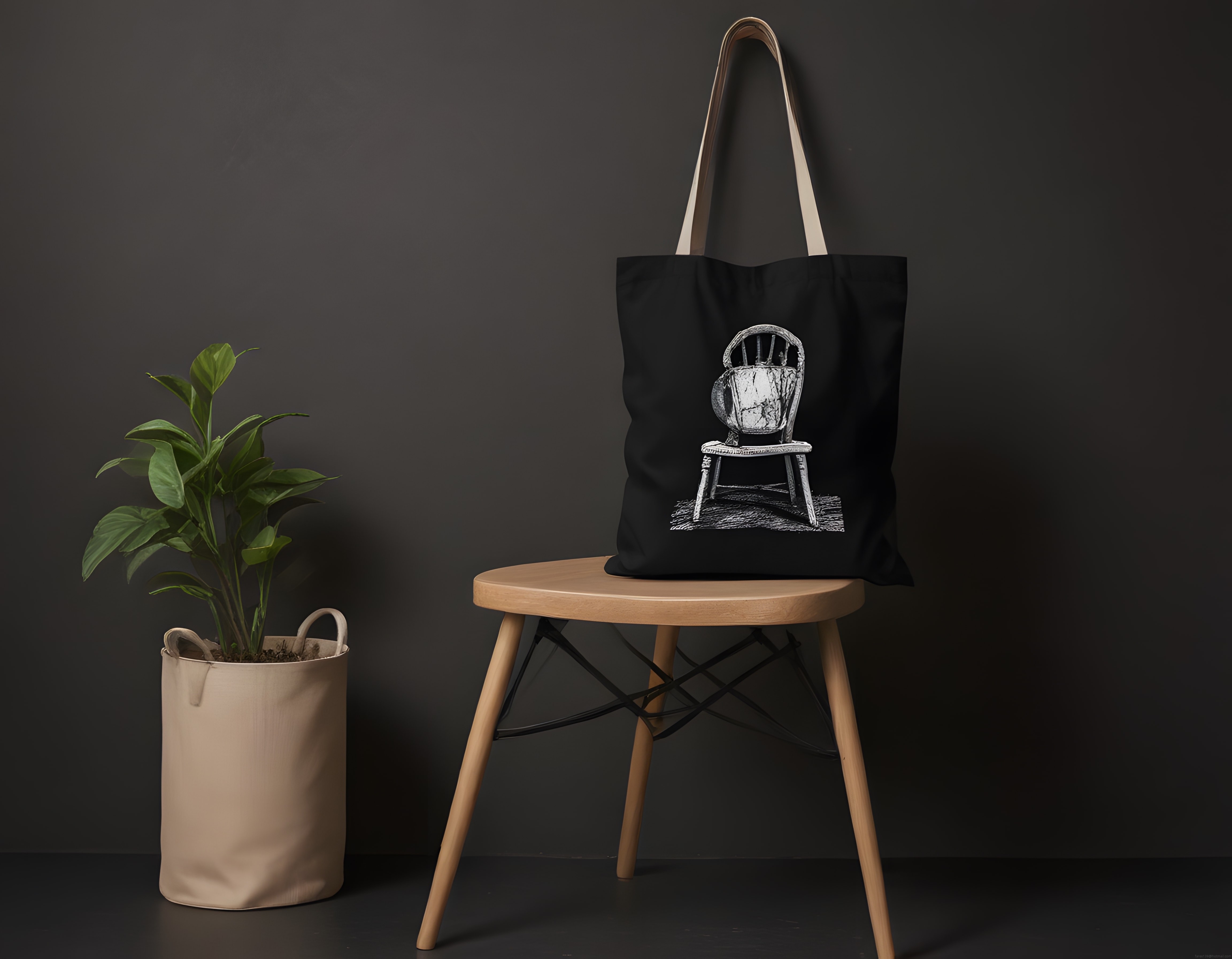 Siyah Kanvas Bez Çanta Üzerinde Gravür Sanatsal Çizim ve Minimalist Ürün Sunumu