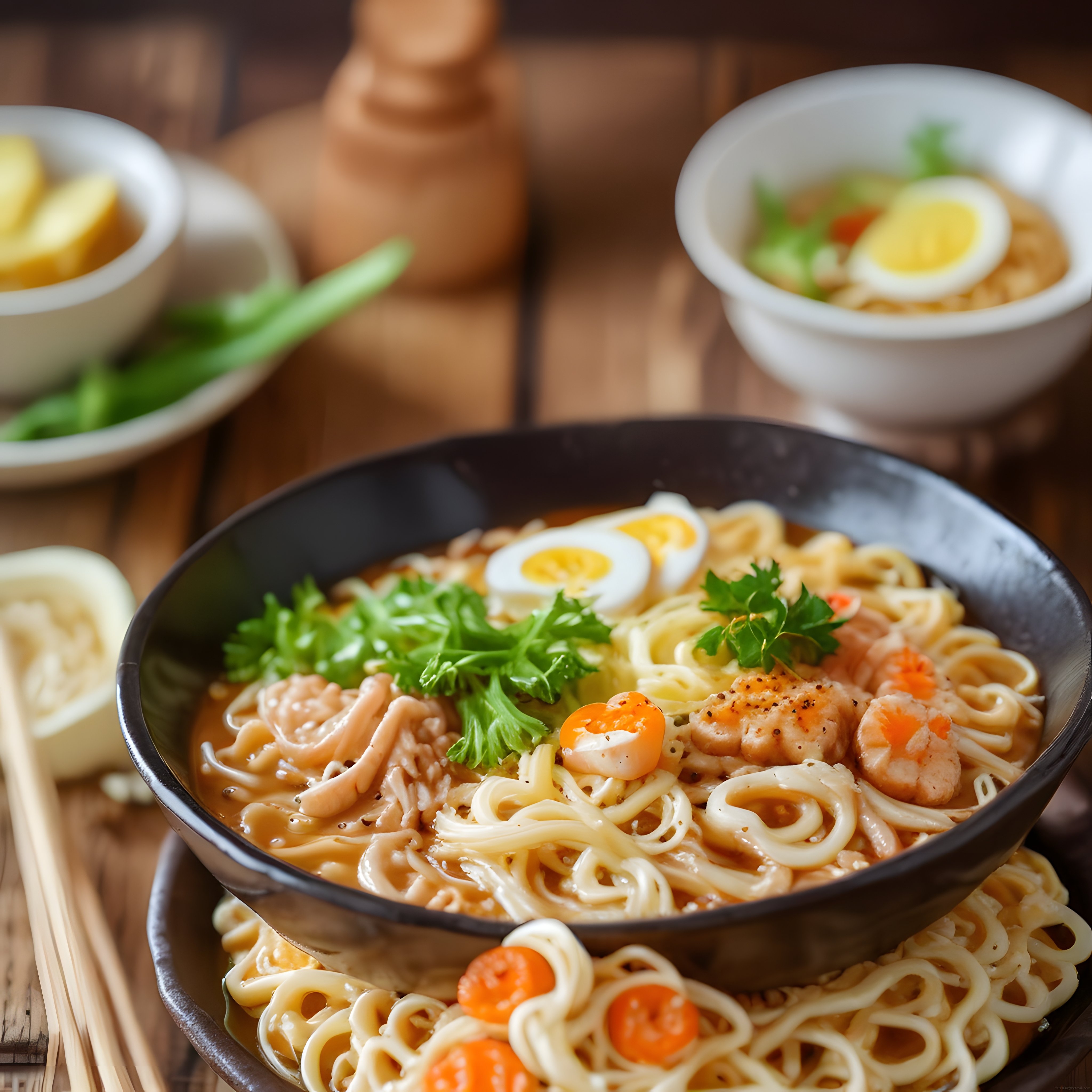 Siyah Kasede Karidesli Tavuklu Noodle Ramen: Sıcak Asya Çorba Sunumu