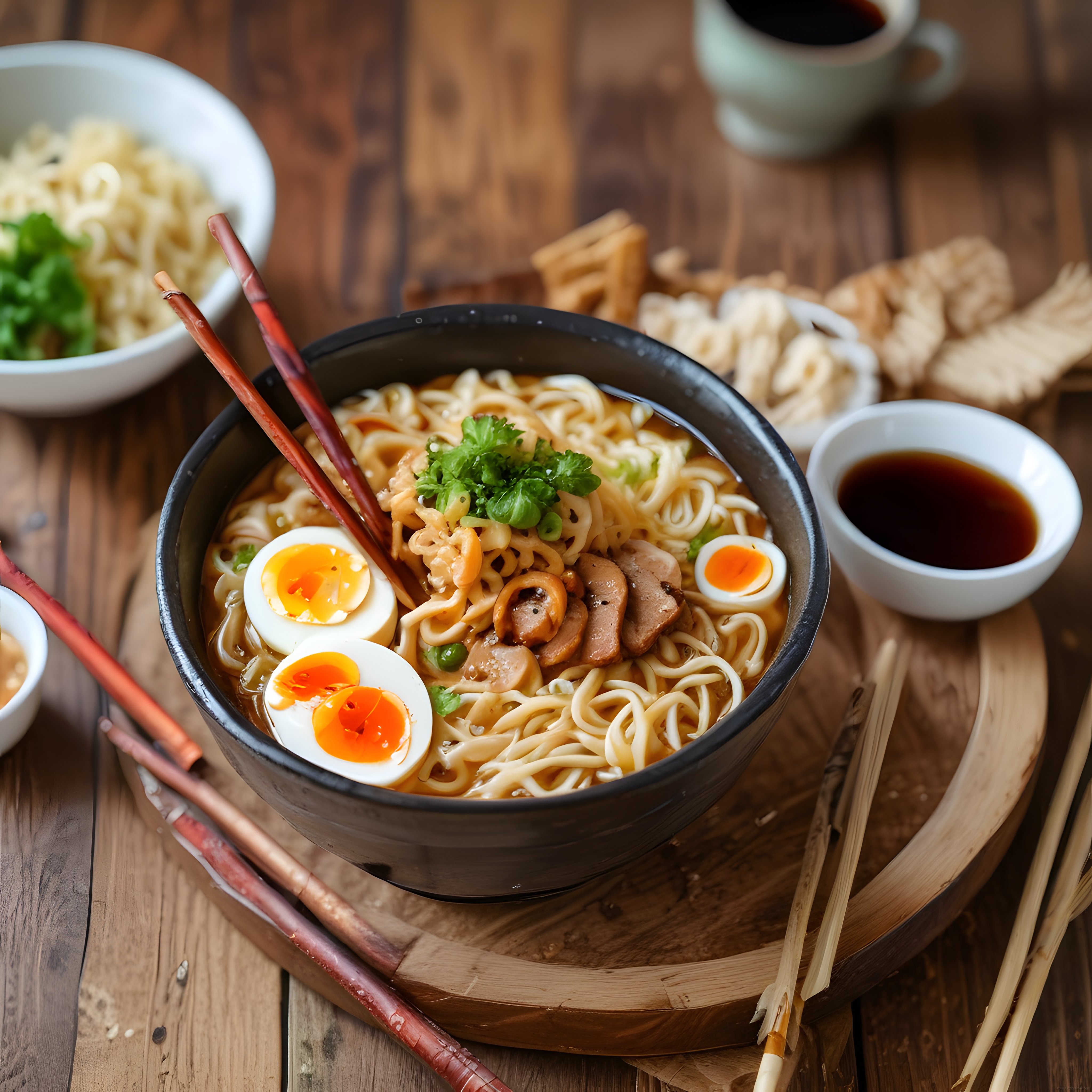Siyah Kasede Ramen Noodle, Mantar ve Yarım Haşlanmış Yumurta Sunumu