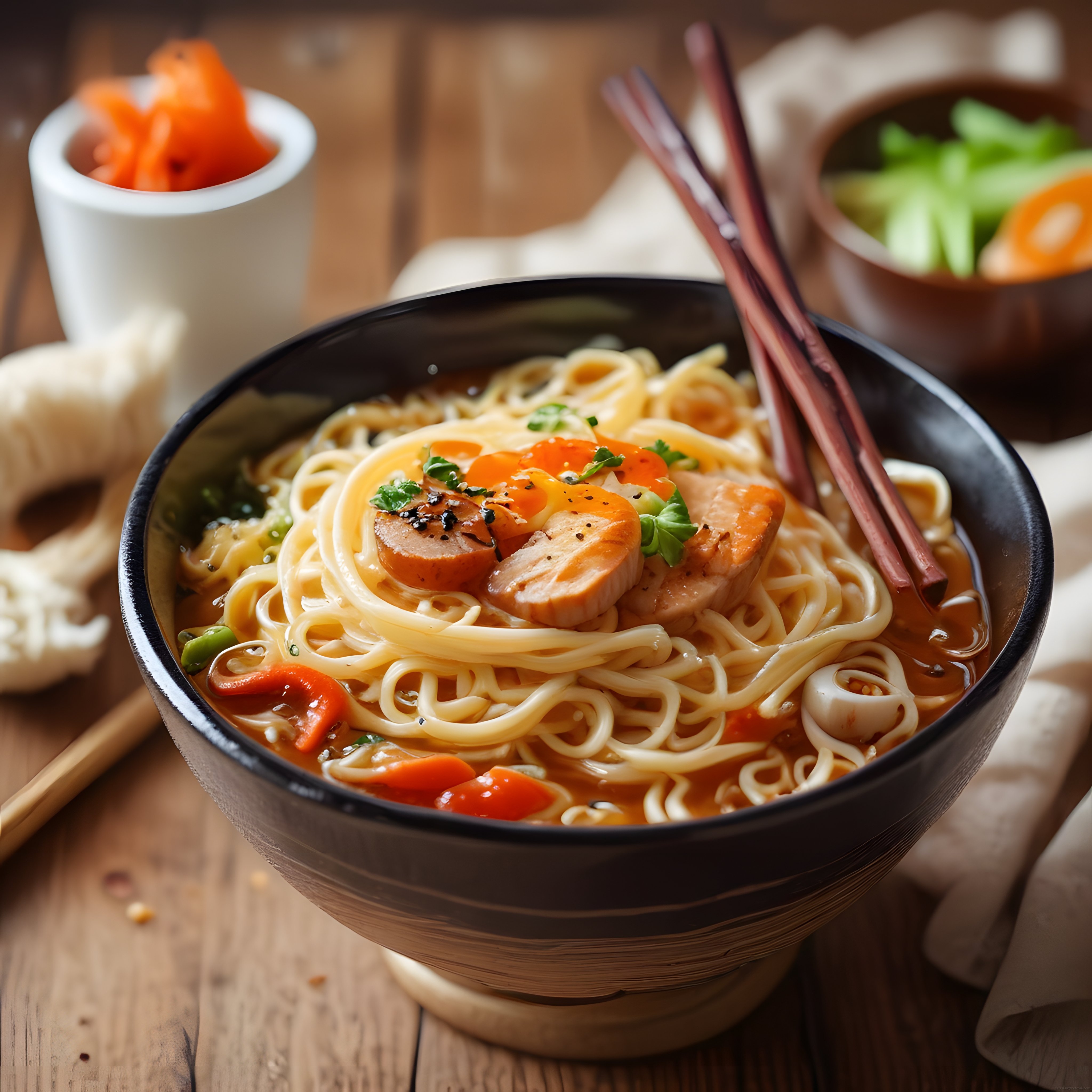 Siyah Kasede Tavuklu Ramen Çorbası, Yumurta ve Sebzelerle Nefis Sunum