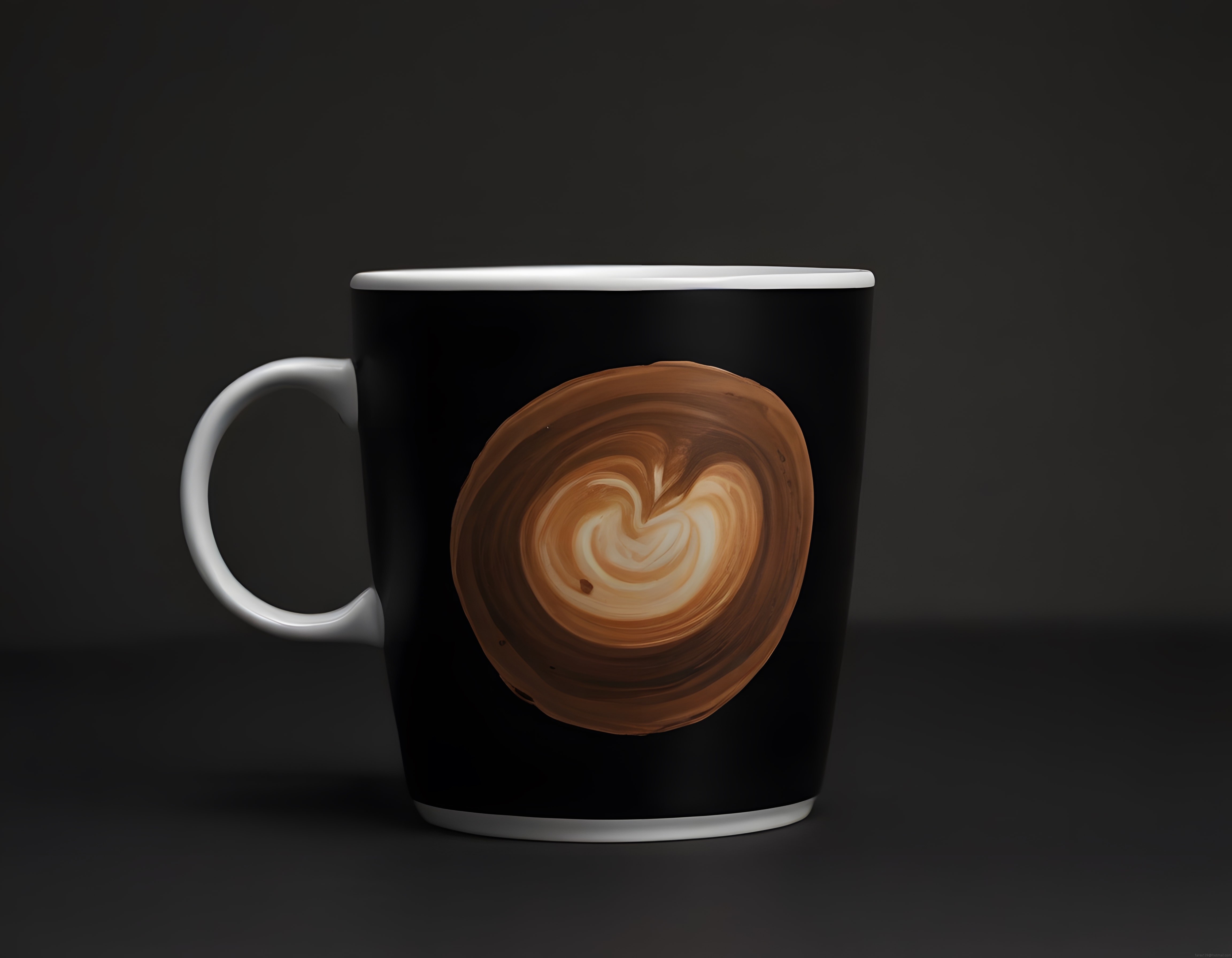 Siyah kupa üzerinde kahverengi kalp desenli latte art ve minimal sunum