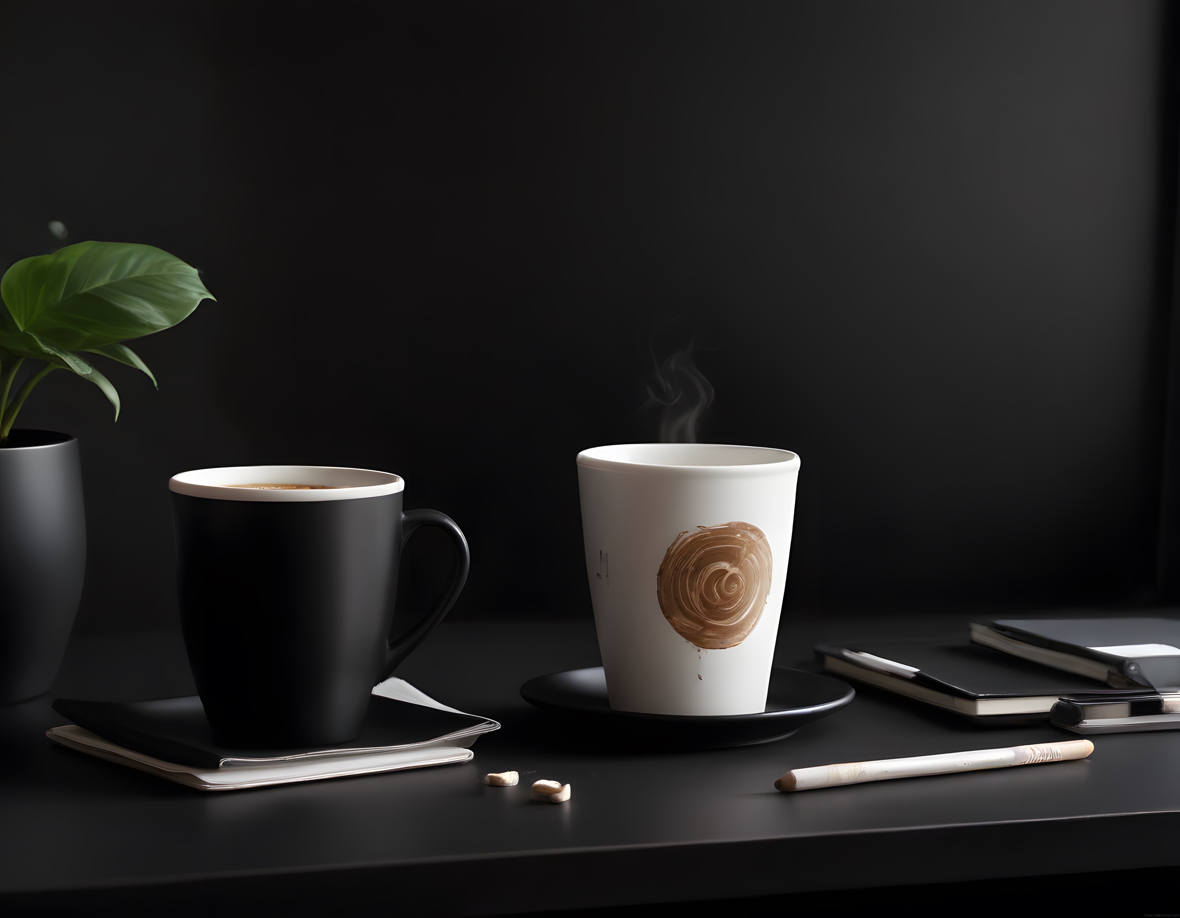 Siyah masa üzerinde stilize kahve fincanları ve minimal çalışma alanı düzeni