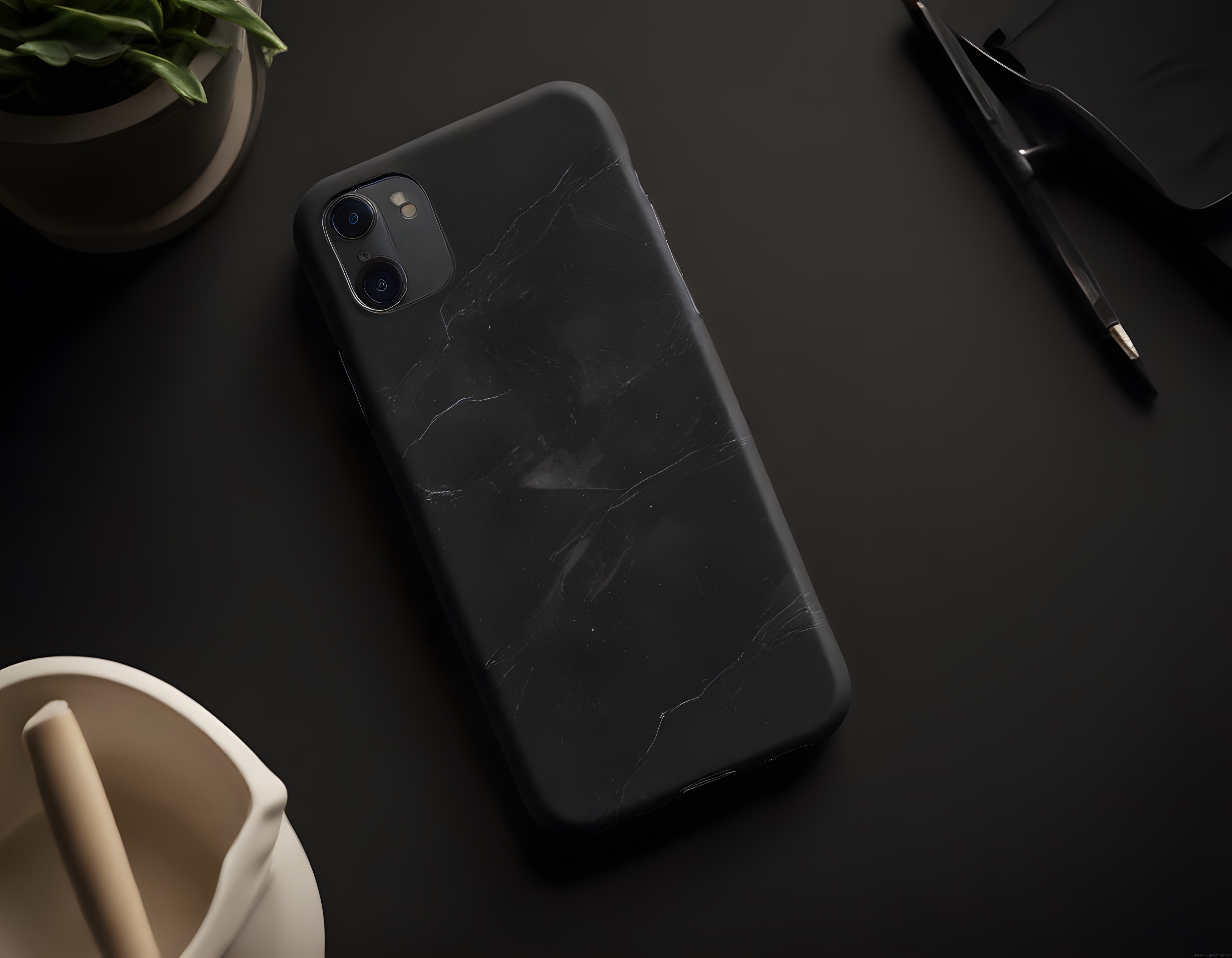 Siyah mermer desenli iPhone kılıfı ve koyu tonlarda minimalist masaüstü düzeni