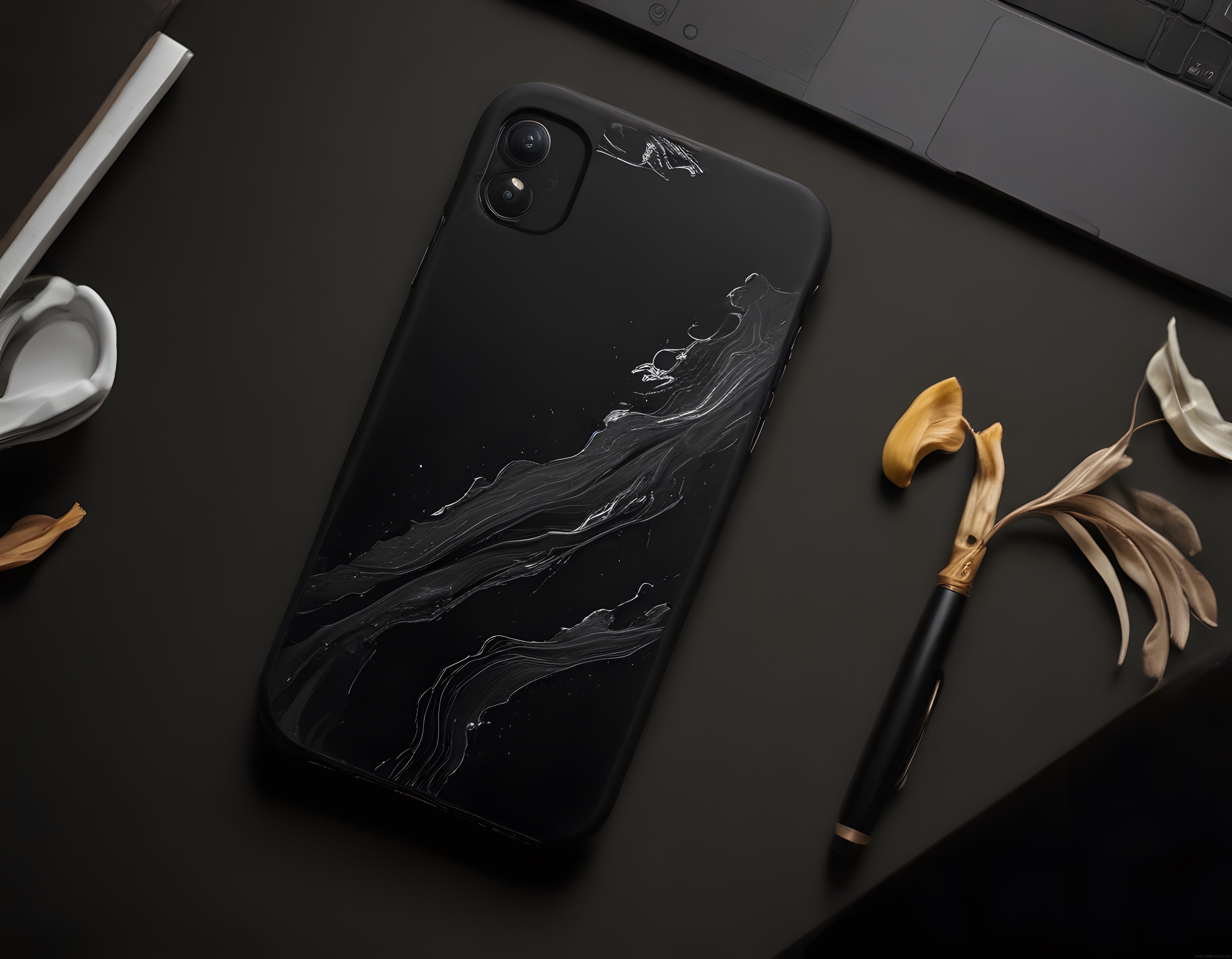 Siyah Mermer Desenli iPhone Kılıfı ve Minimal Çalışma Masası Flat Lay Görseli