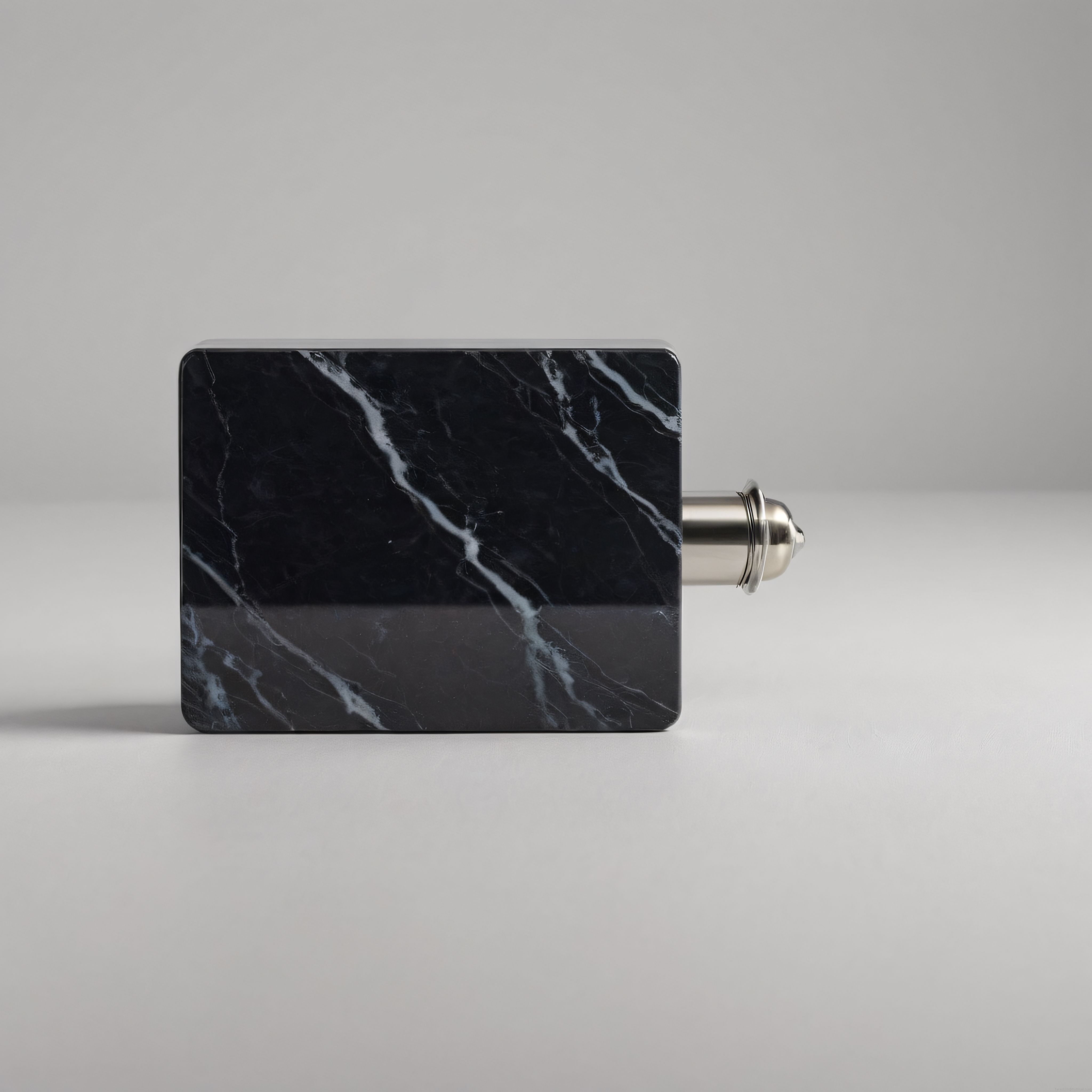 Siyah mermer kapı kolu ve dekoratif metal aksesuarın minimalist tasarım sunumu