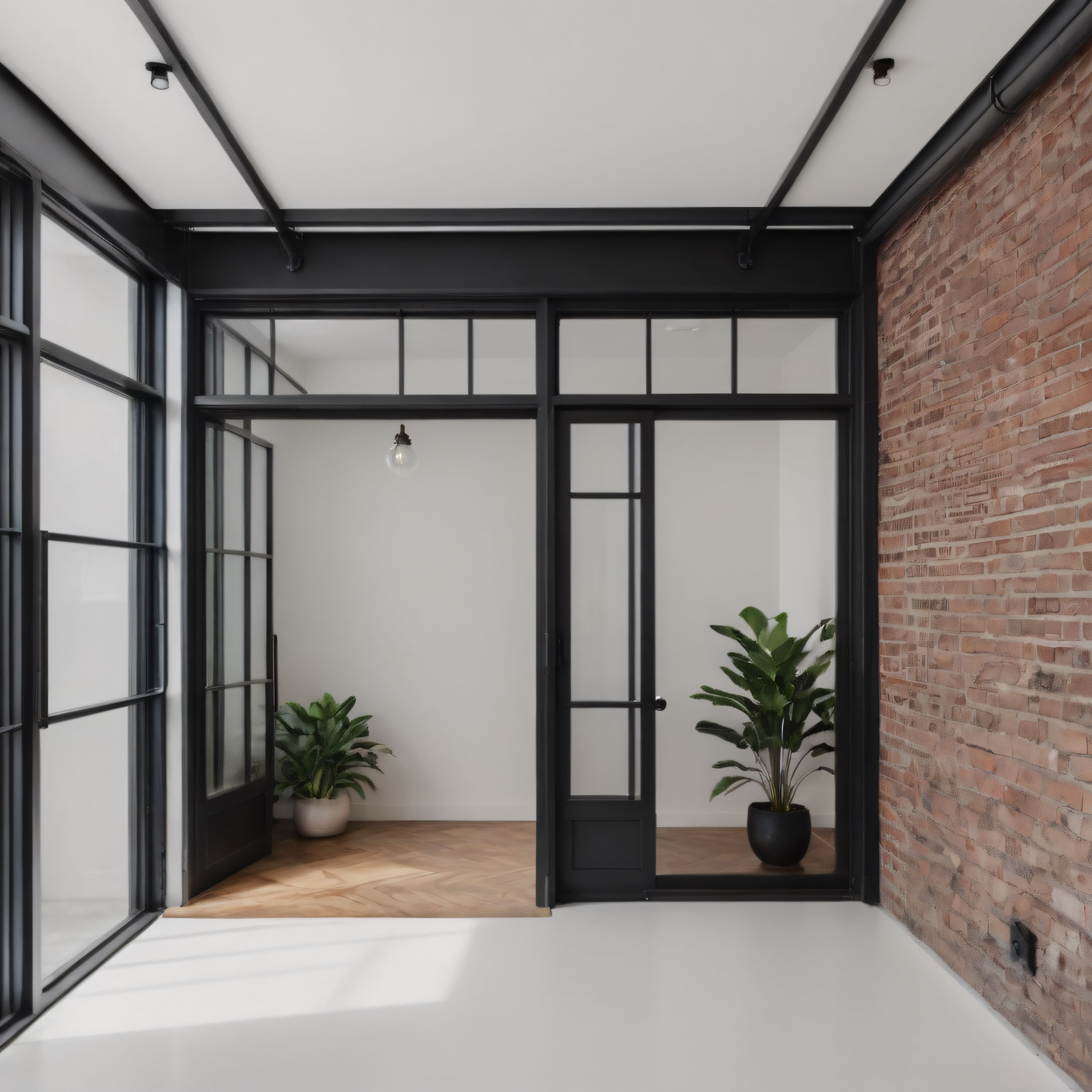 Siyah Metal Çerçeveli Cam Bölme ve Açık Tuğla Duvarlı Modern Loft Ofis Holü