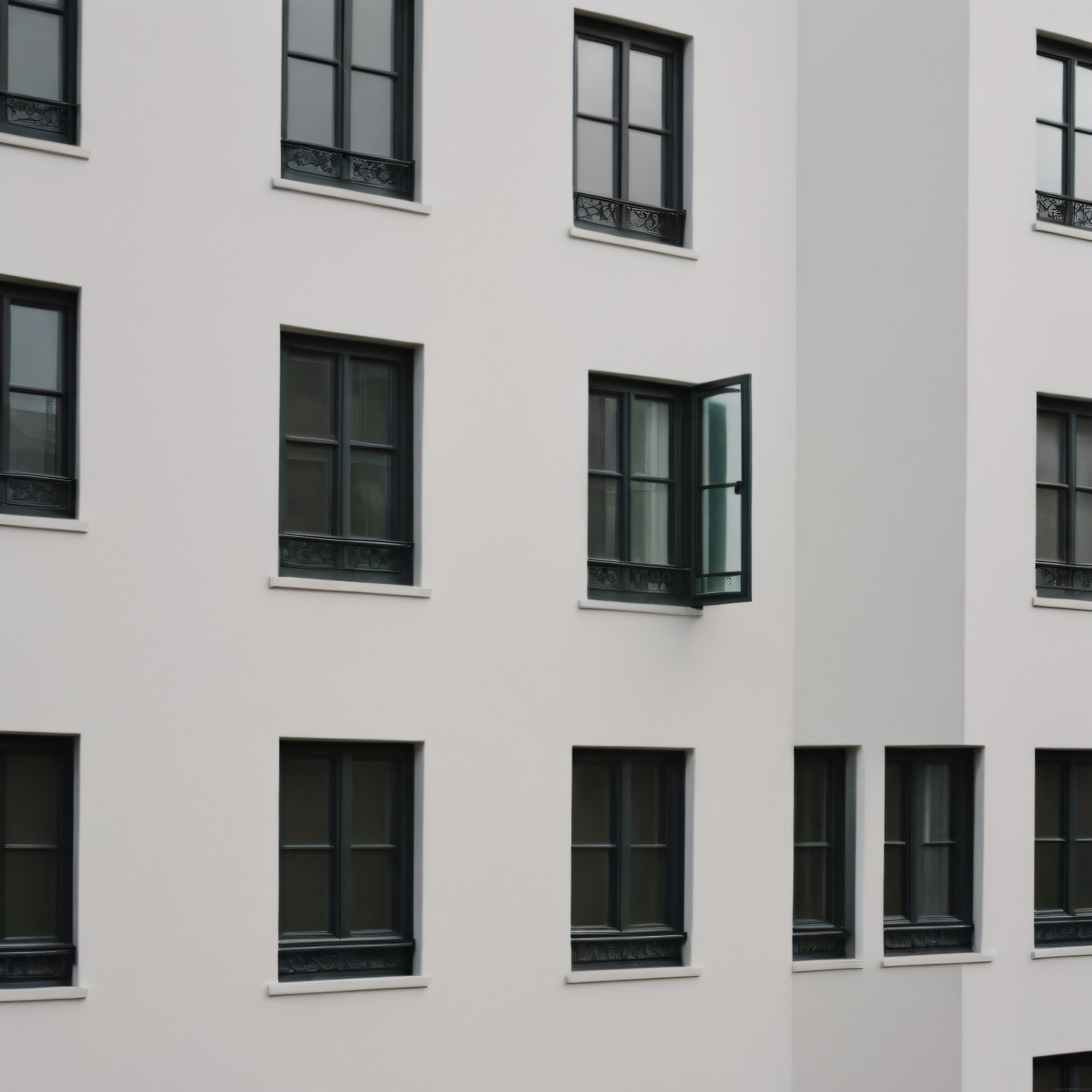 Siyah pencereli modern beyaz apartman cephesi ve açık pencere detayı