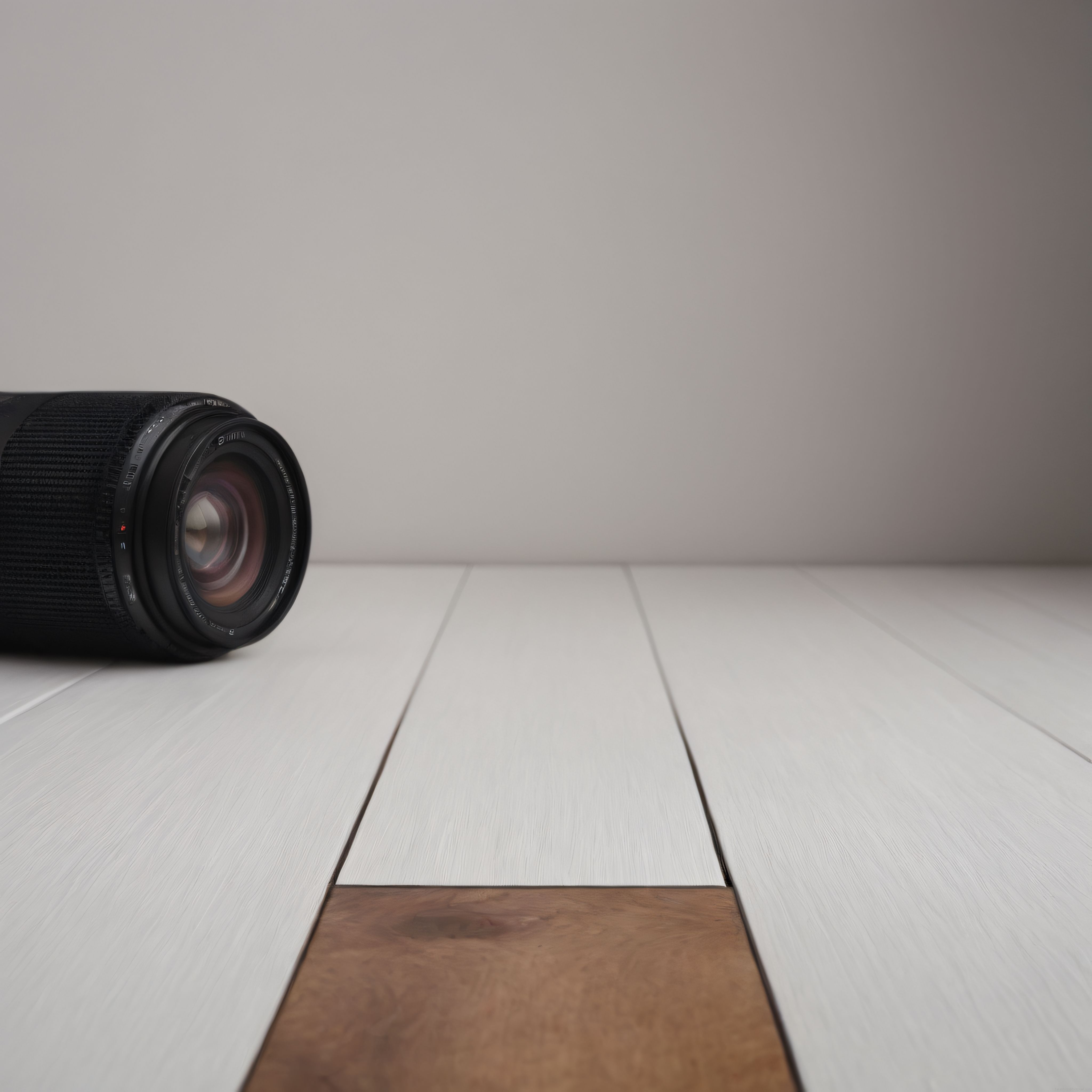 Siyah Profesyonel Kamera Lensinin Beyaz Ahşap Zeminde Minimalist Sunumu