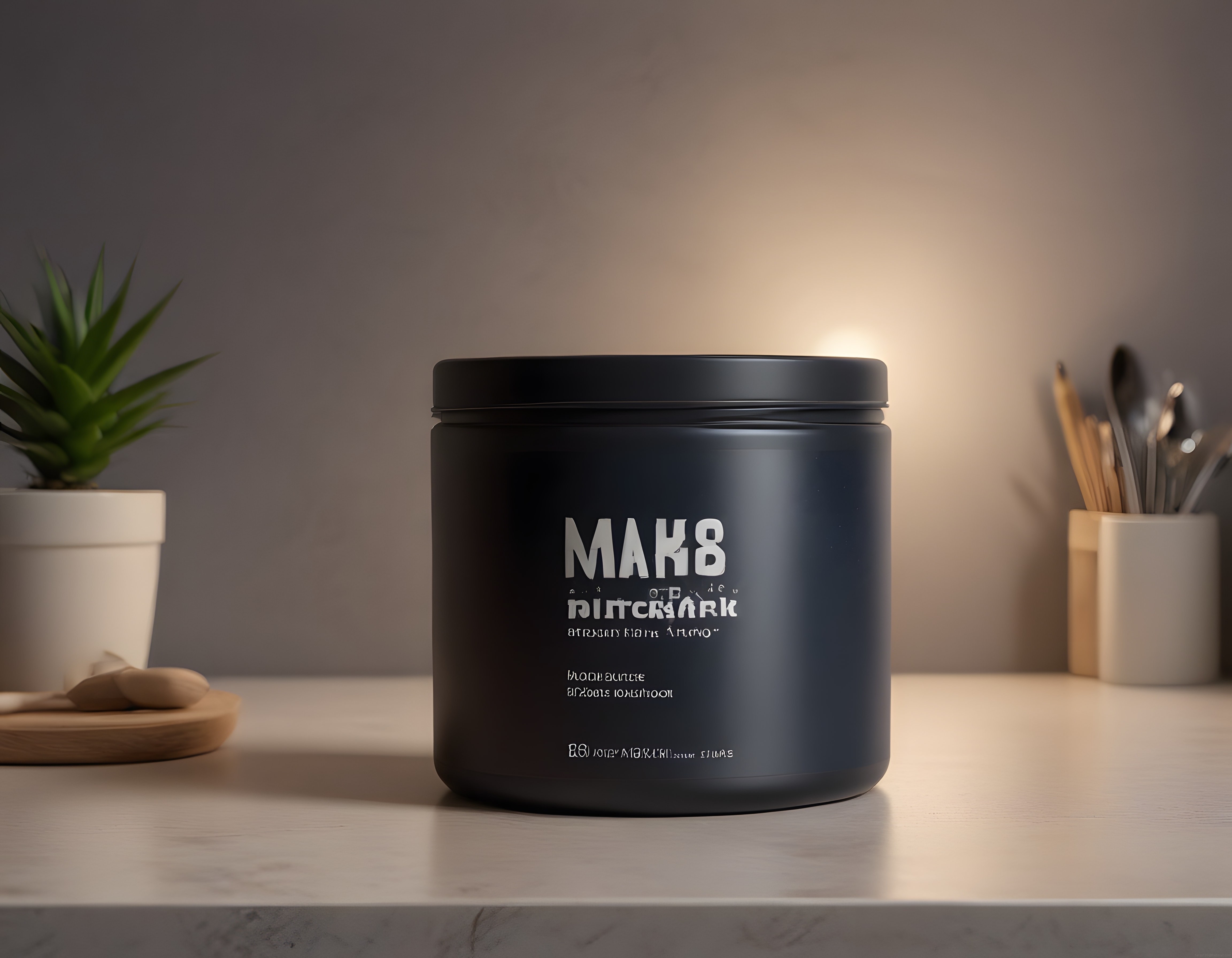 Siyah Protein Tozu Kavanozunun Modern Mutfak Ortamında Şık Ürün Fotoğrafı