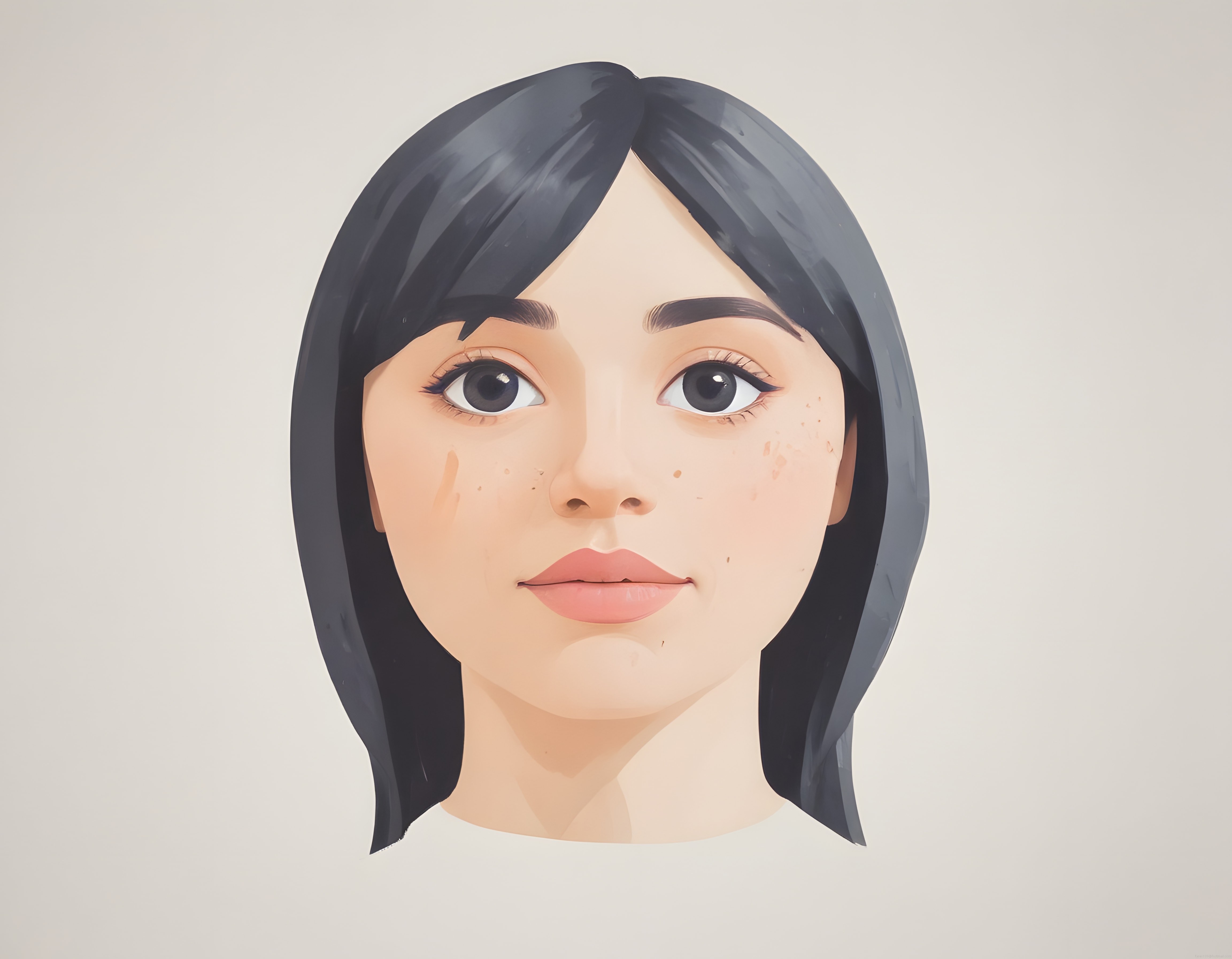 Siyah Saçlı ve Çilli Genç Kadının Minimal Dijital Sanat Portresi