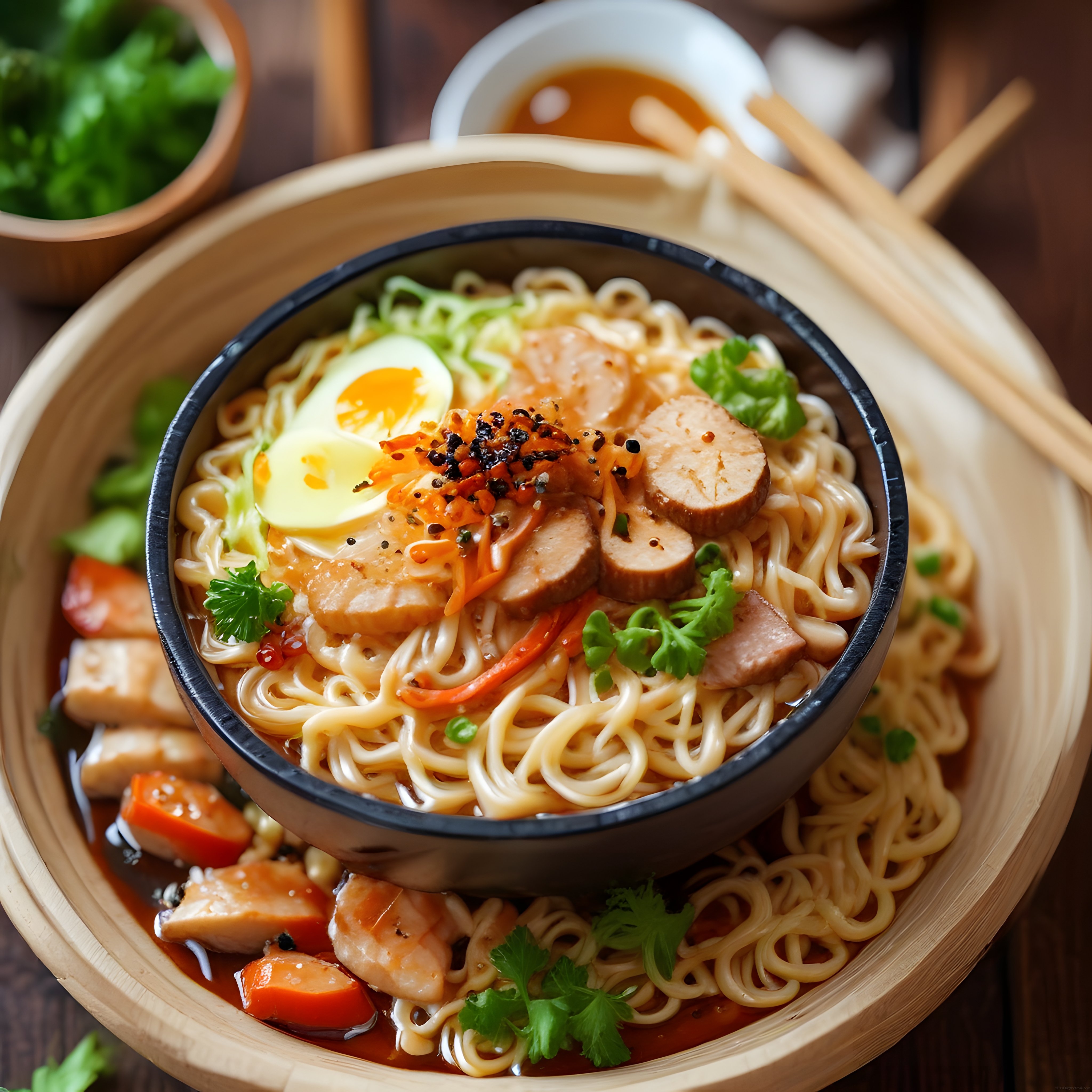 Siyah Seramik Kasede Baharatlı Soslu Japon Ramen ve Soft Yumurta