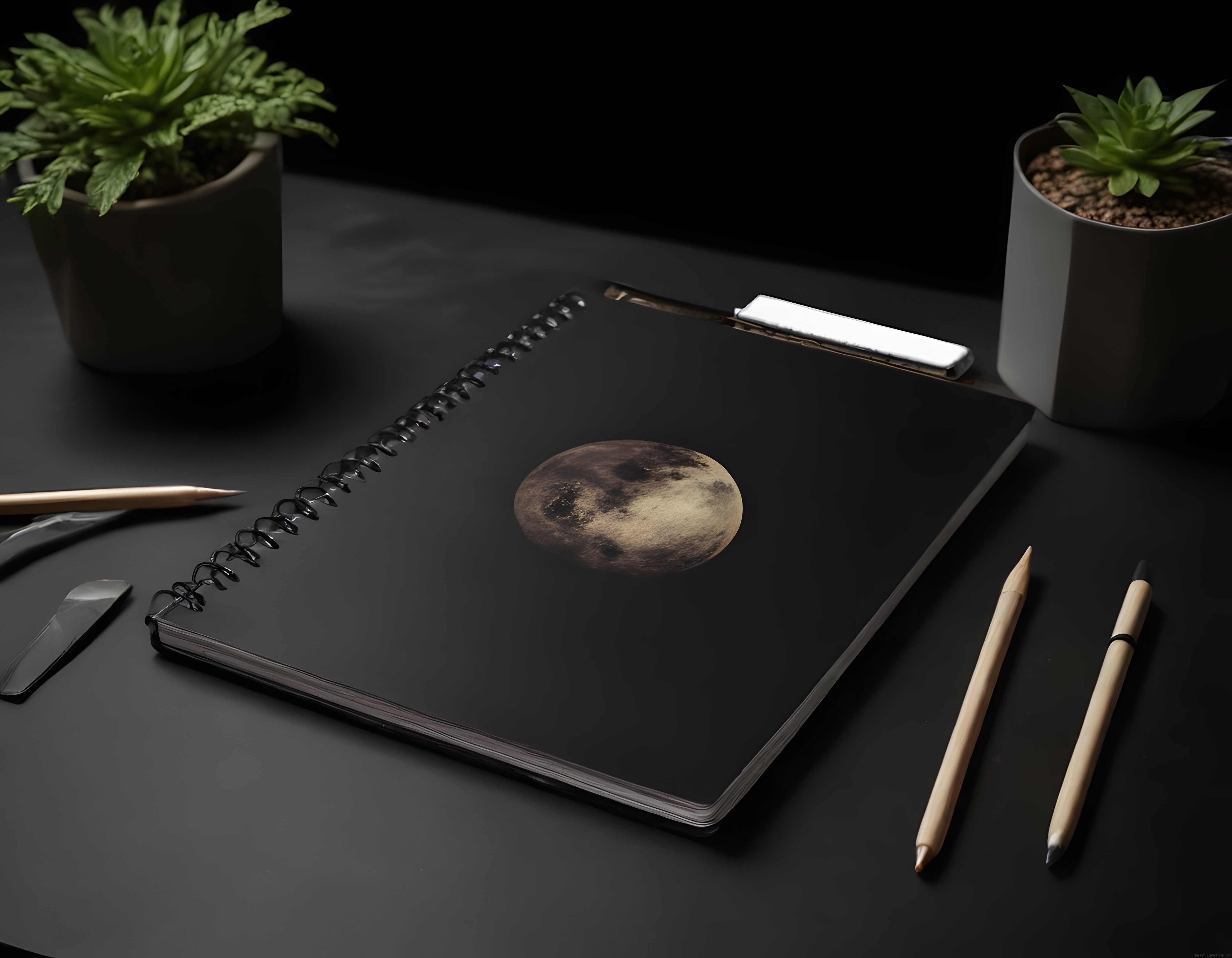 Siyah Spiral Defter Üzerinde Ay Baskısı ve Koyu Masüstü Kırtasiye Düzeni