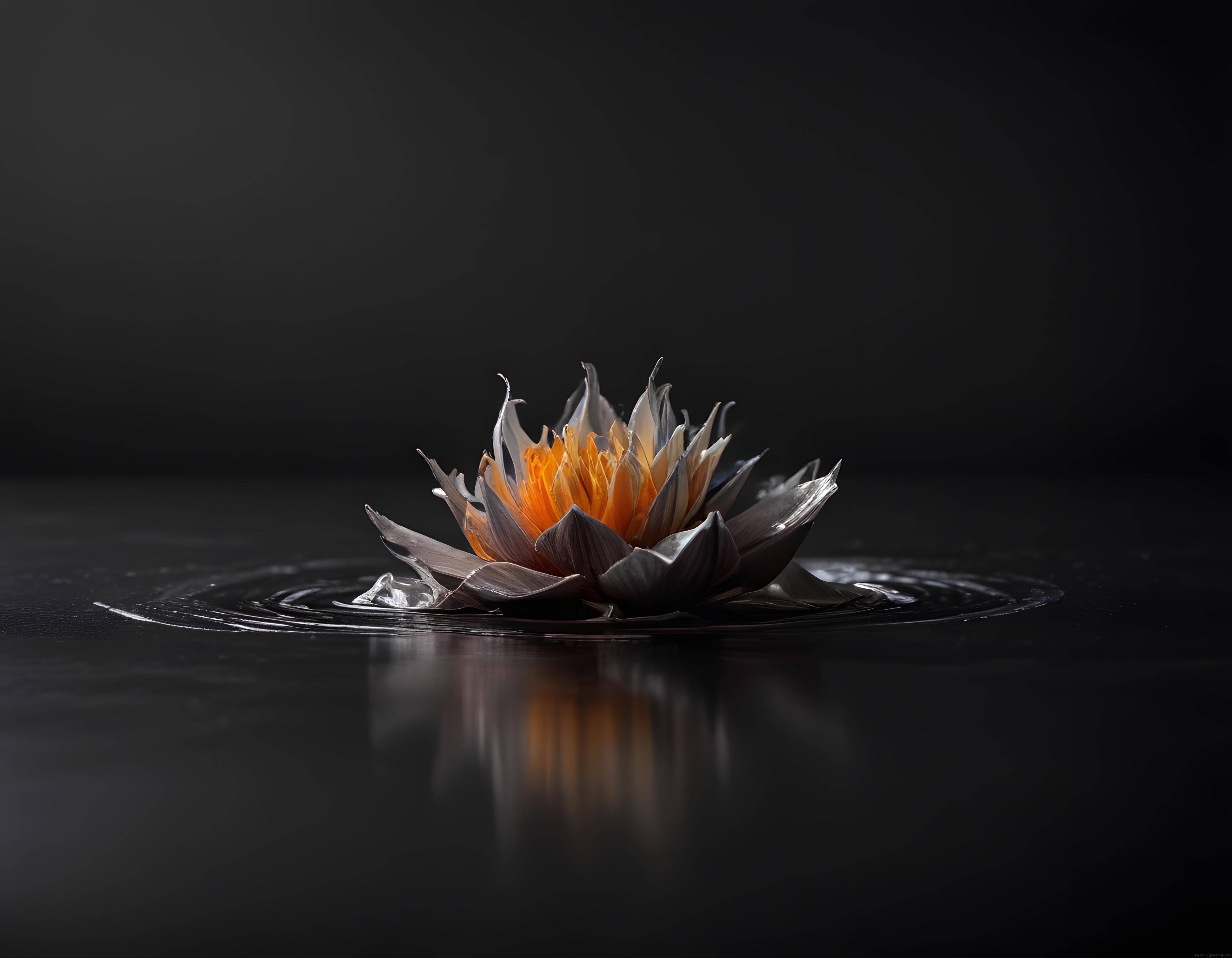 siyah suyun üzerinde turuncu ışıkla parlayan dijital lotus çiçeği sanat eseri