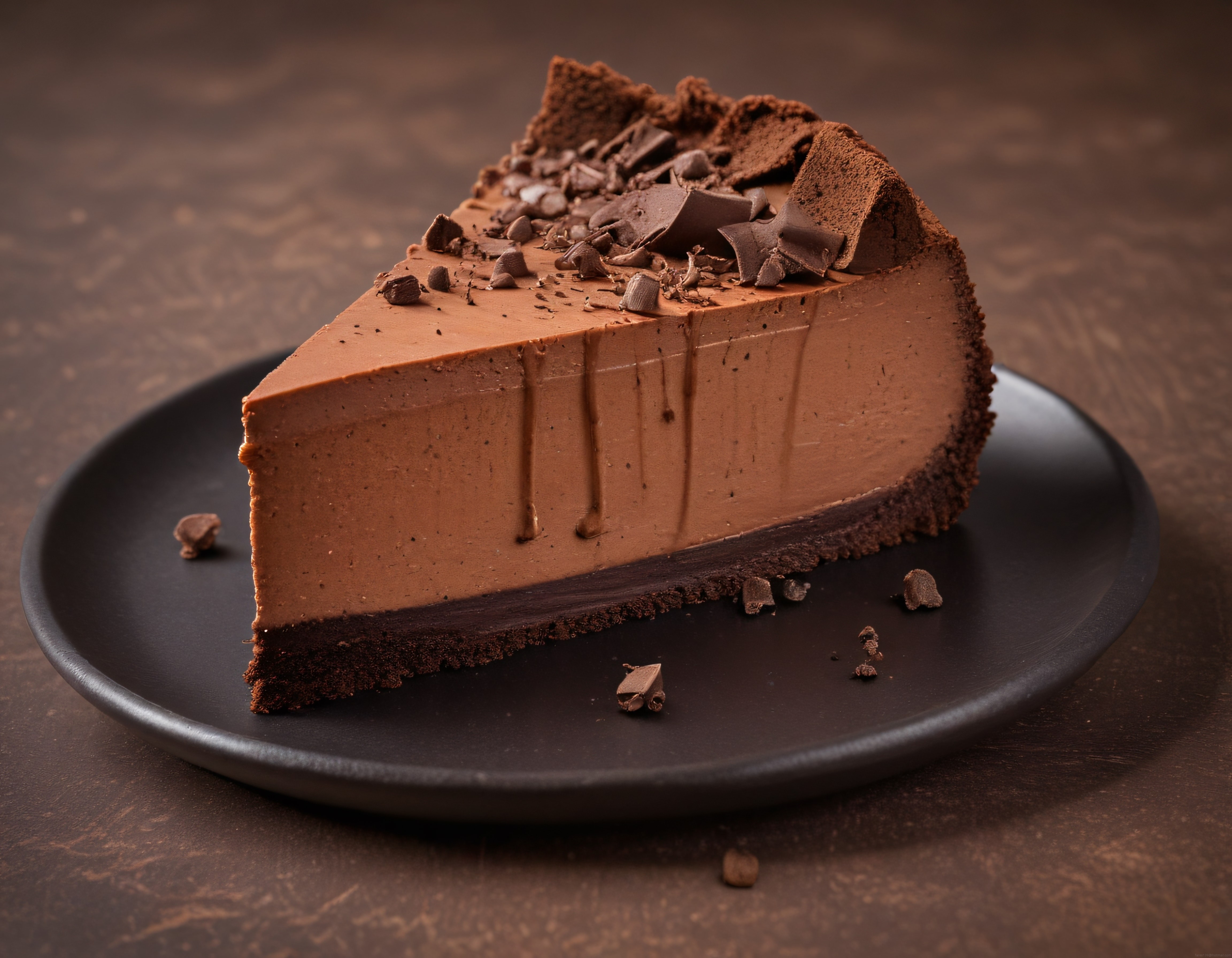 Siyah Tabakta Dilim Çikolatalı Cheesecake ve Bitter Çikolata Parçacıkları