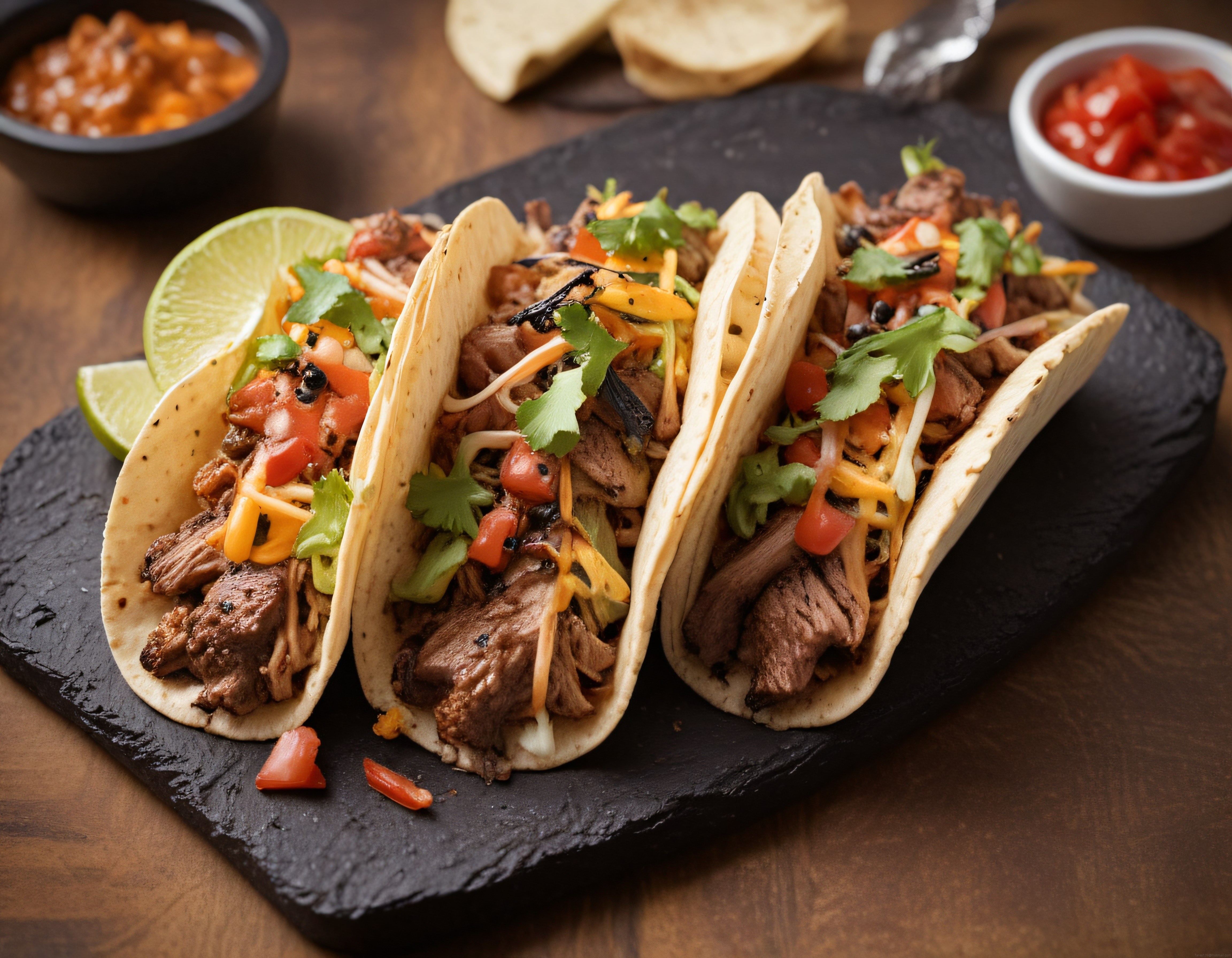 Siyah Tabakta Servis Edilen Taze Malzemeli Meksika Et Tacos Sunumu
