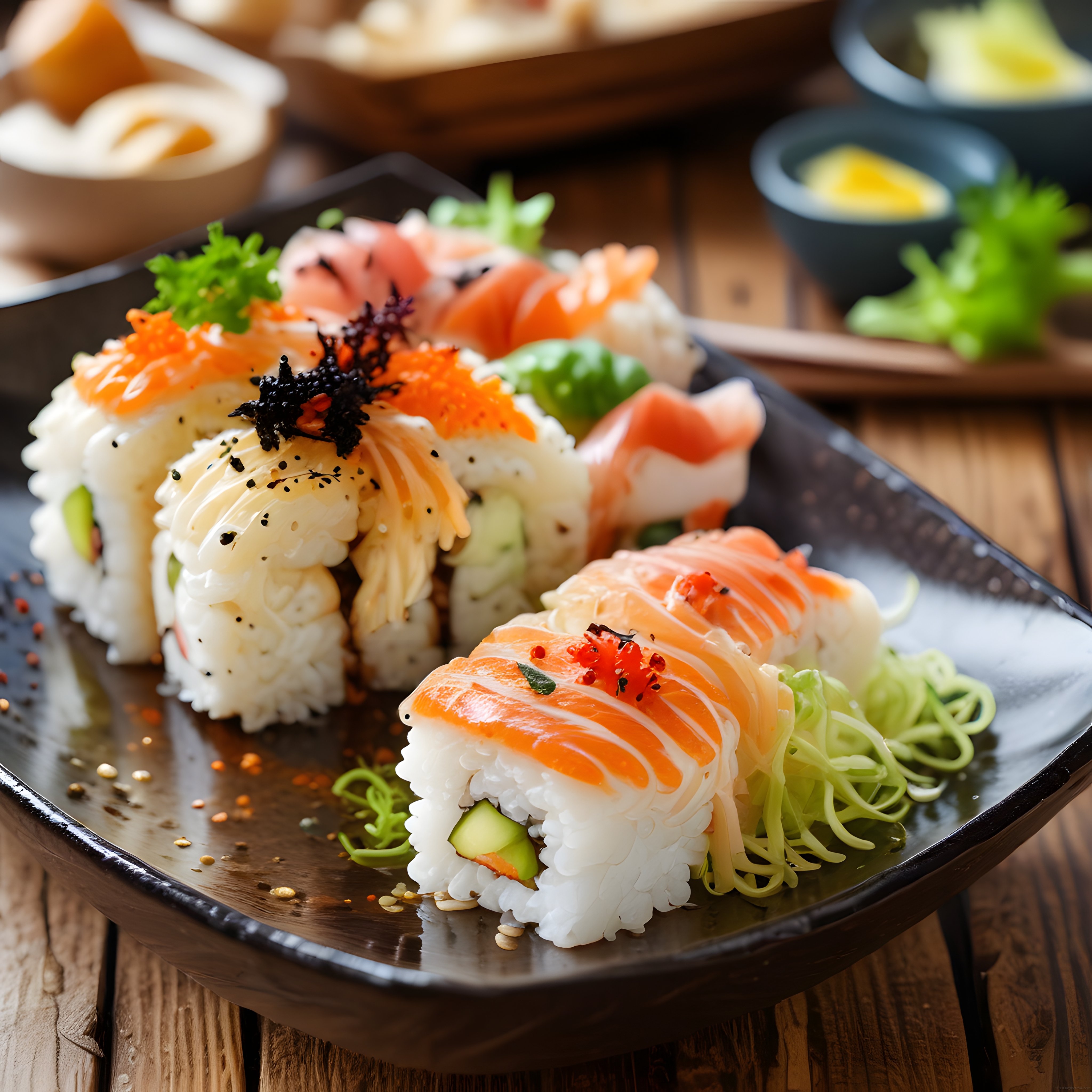 Siyah Tabakta Somonlu Sushi Çeşitleri ve Egzotik Sunum Detayları