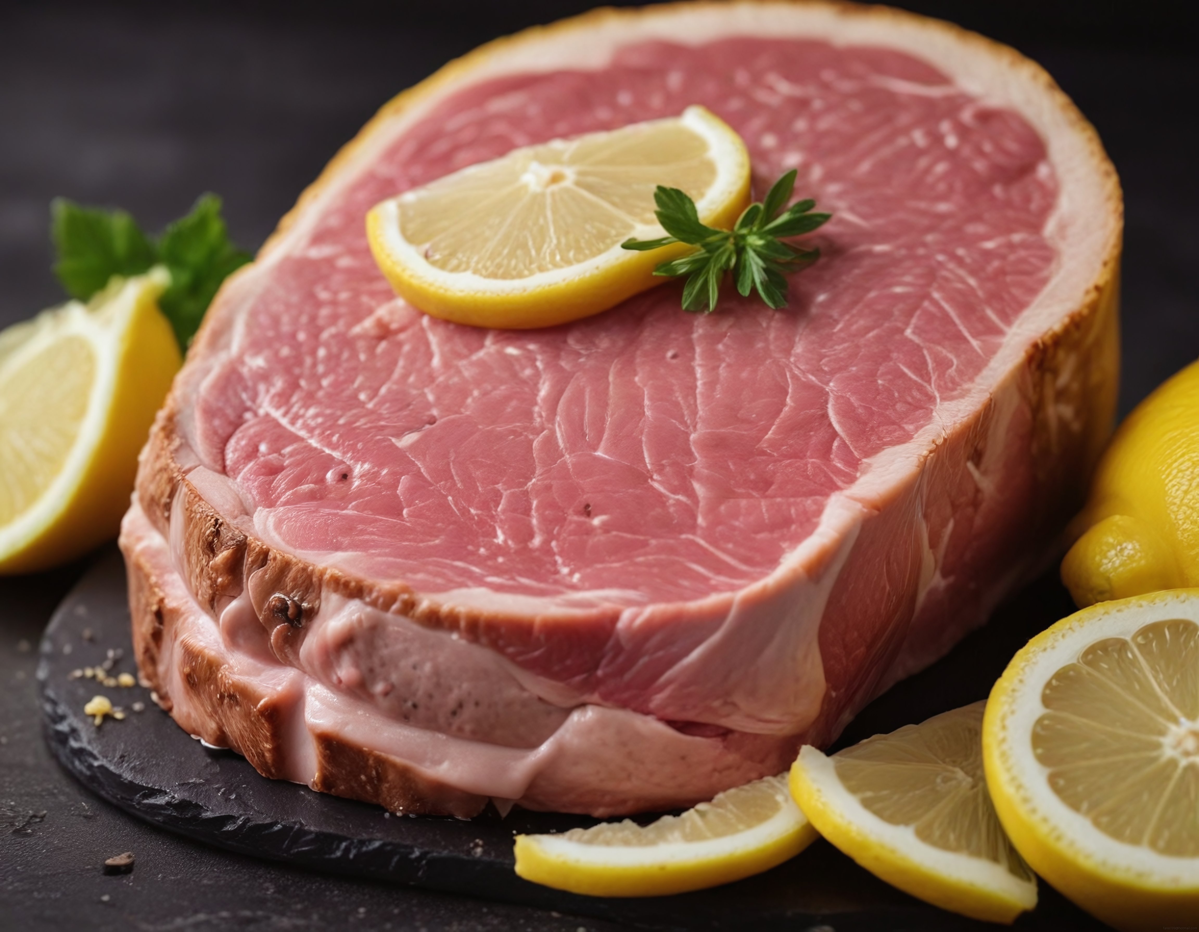 Siyah Taş Yüzeyde Limon ve Maydanoz Süslemeli Füme Jambon Dilimi