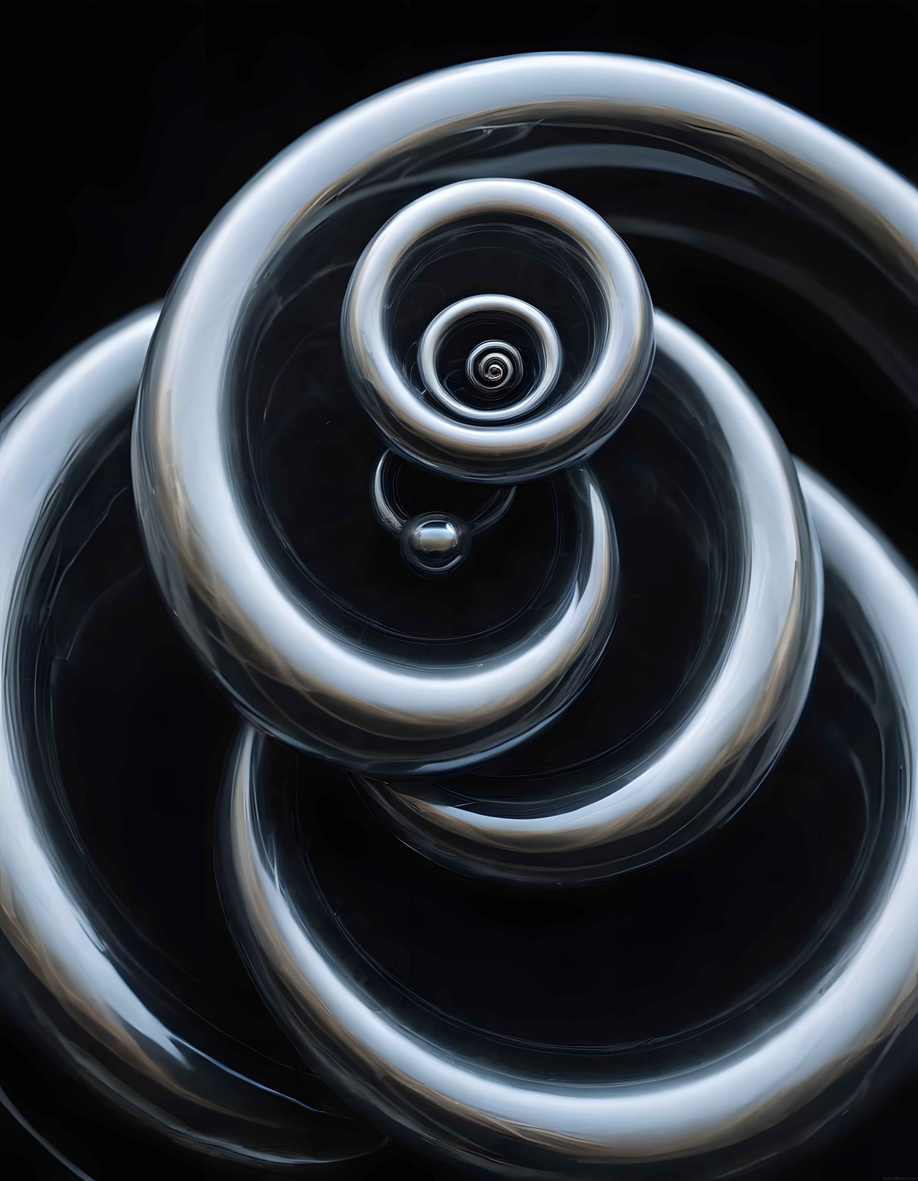 Siyah Zemin Üzerinde Gümüş Metalik Spiral Halkalar: Soyut 3D Dijital Sanat