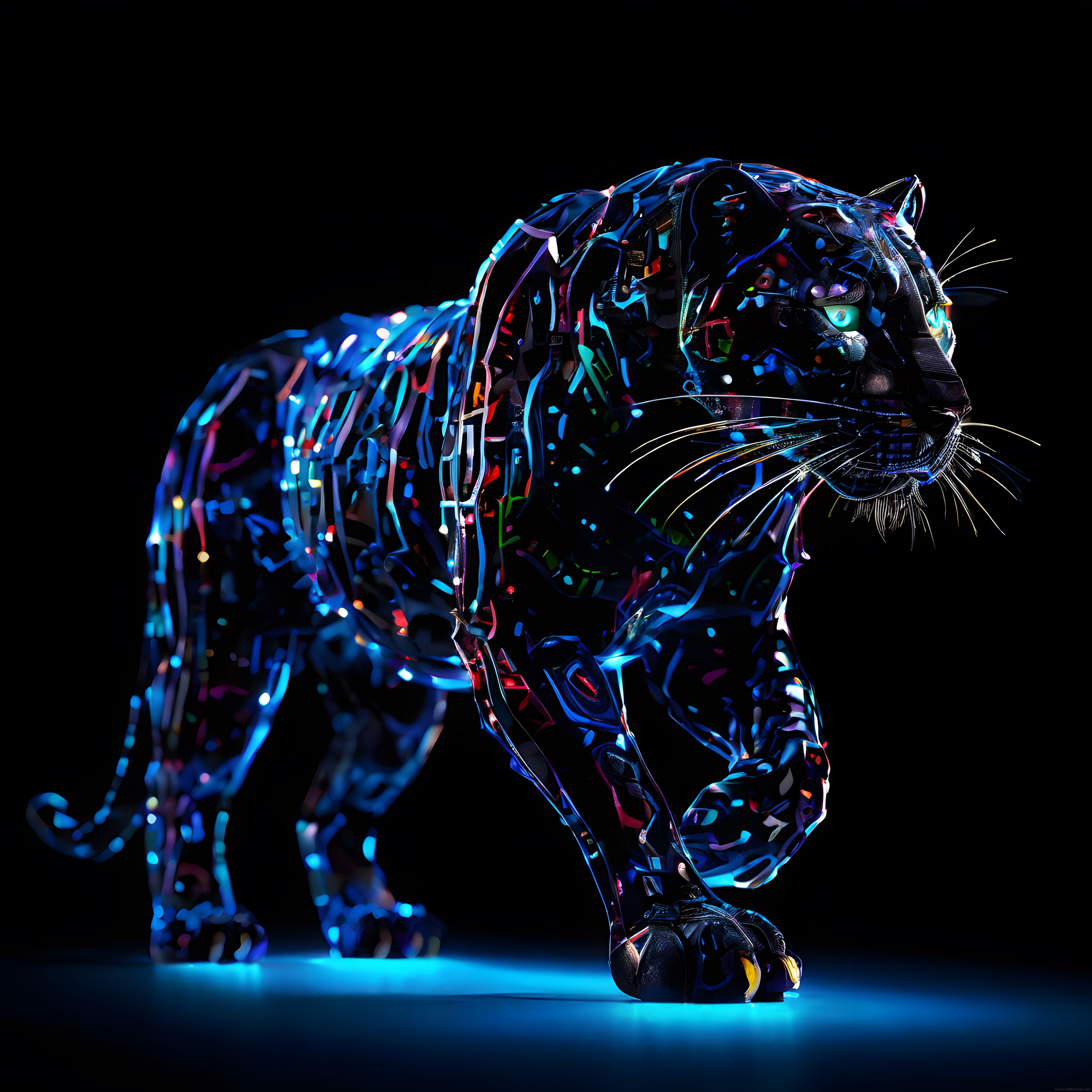 Siyah Zemin Üzerinde Neon Işıklı Kristal Kaplan Dijital Sanat Eseri
