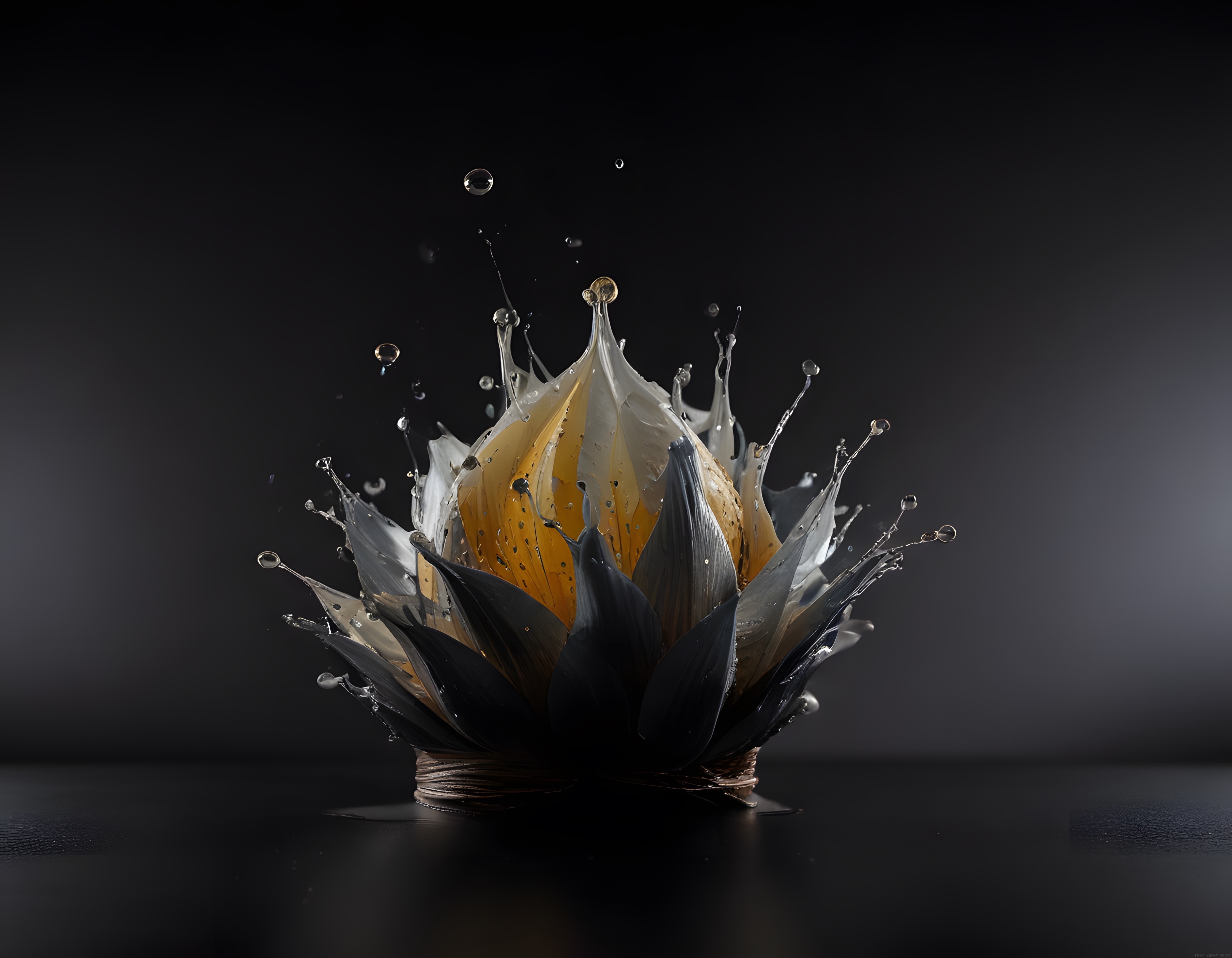 Siyah Zemin Üzerinde Su Damlacıklarıyla Süslenmiş Cam Lotus Çiçeği 3D Tasarım