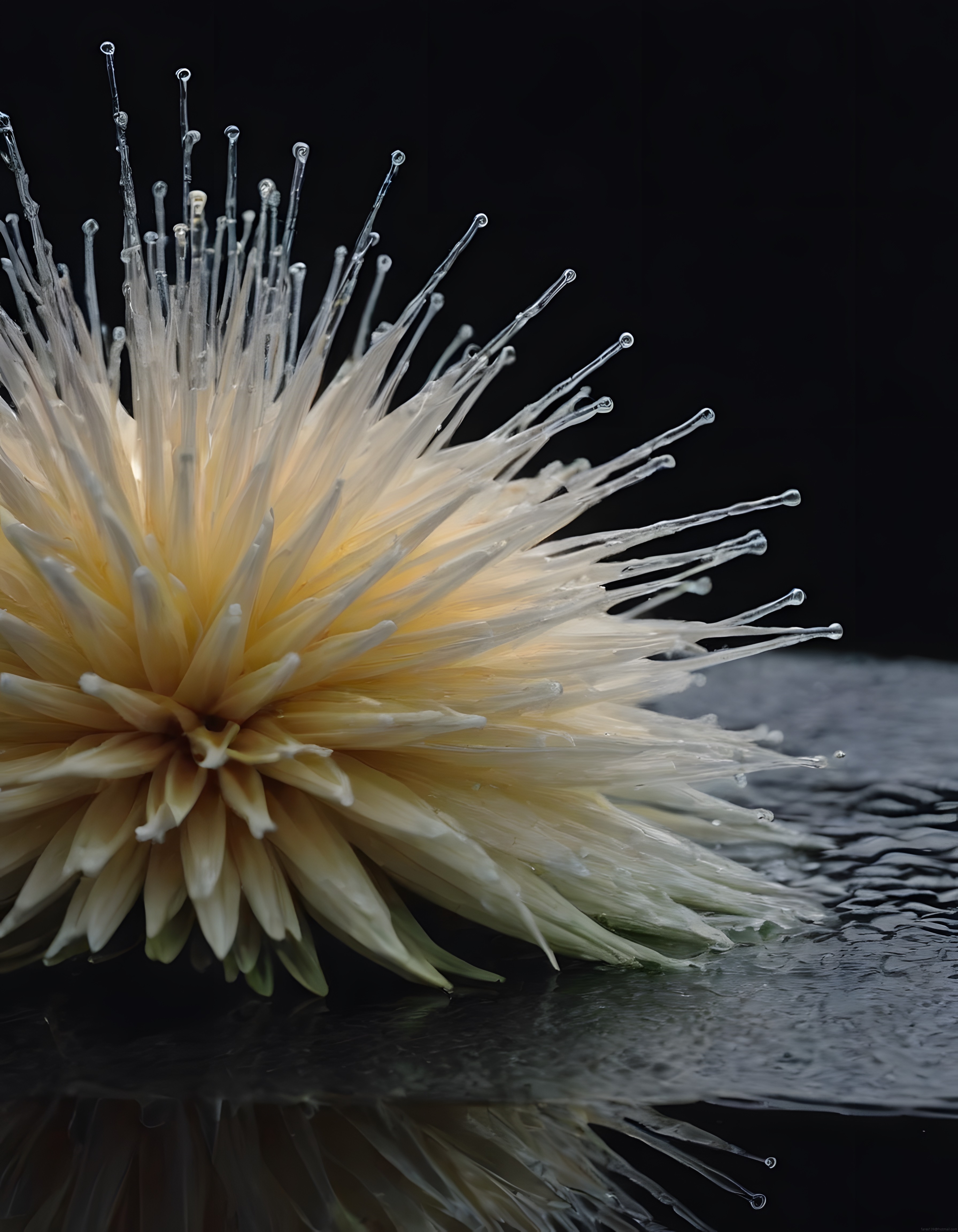 Siyah Zemin Üzerinde Su Damlacıklarıyla Süslü Beyaz Sarı Egzotik Protea Çiçeği