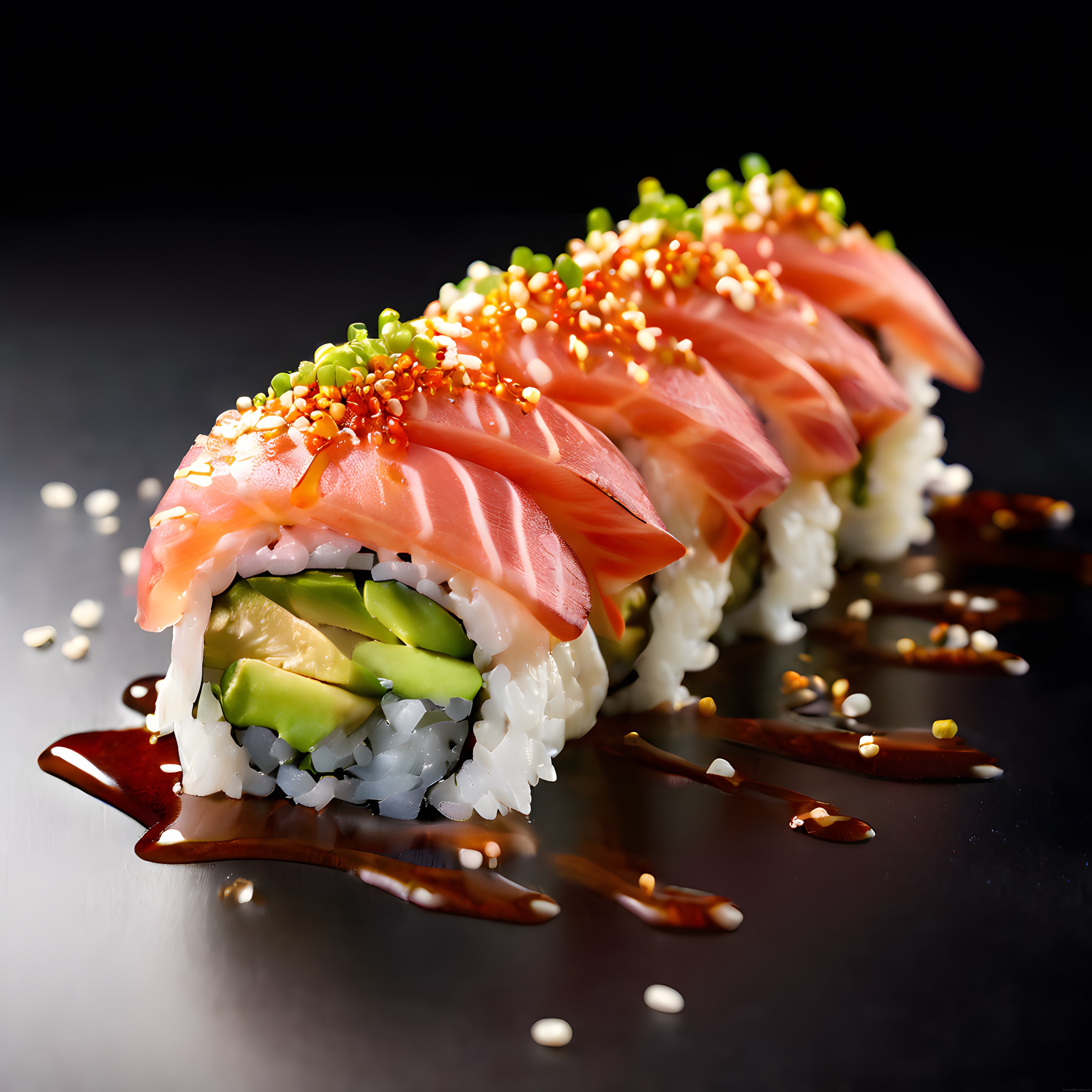 Siyah Zemin Üzerinde Taze Somonlu ve Avokadolu Premium Sushi Ruloları