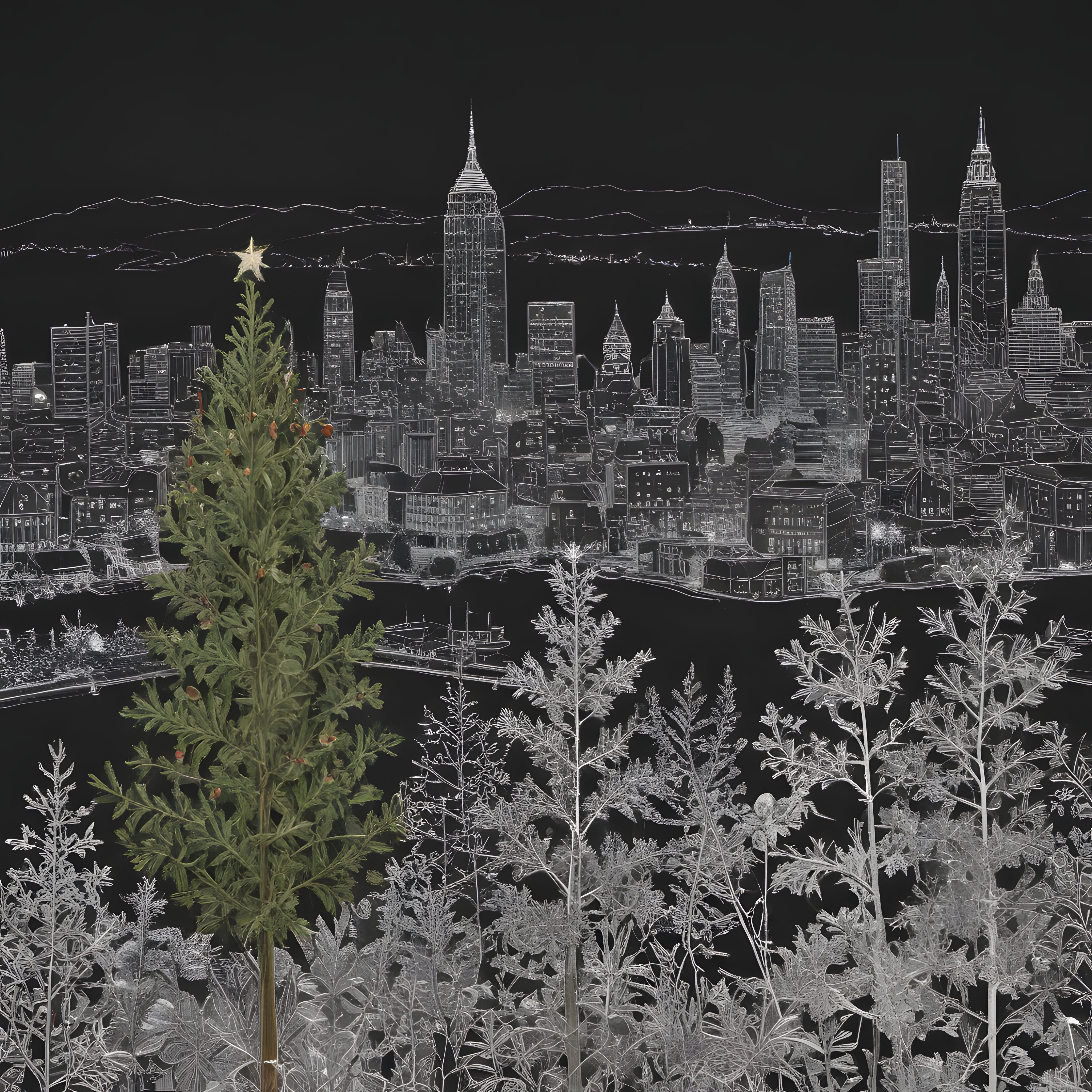 Siyah zeminde beyaz çizim New York manzarası ön planda süslü yeşil noel ağacı