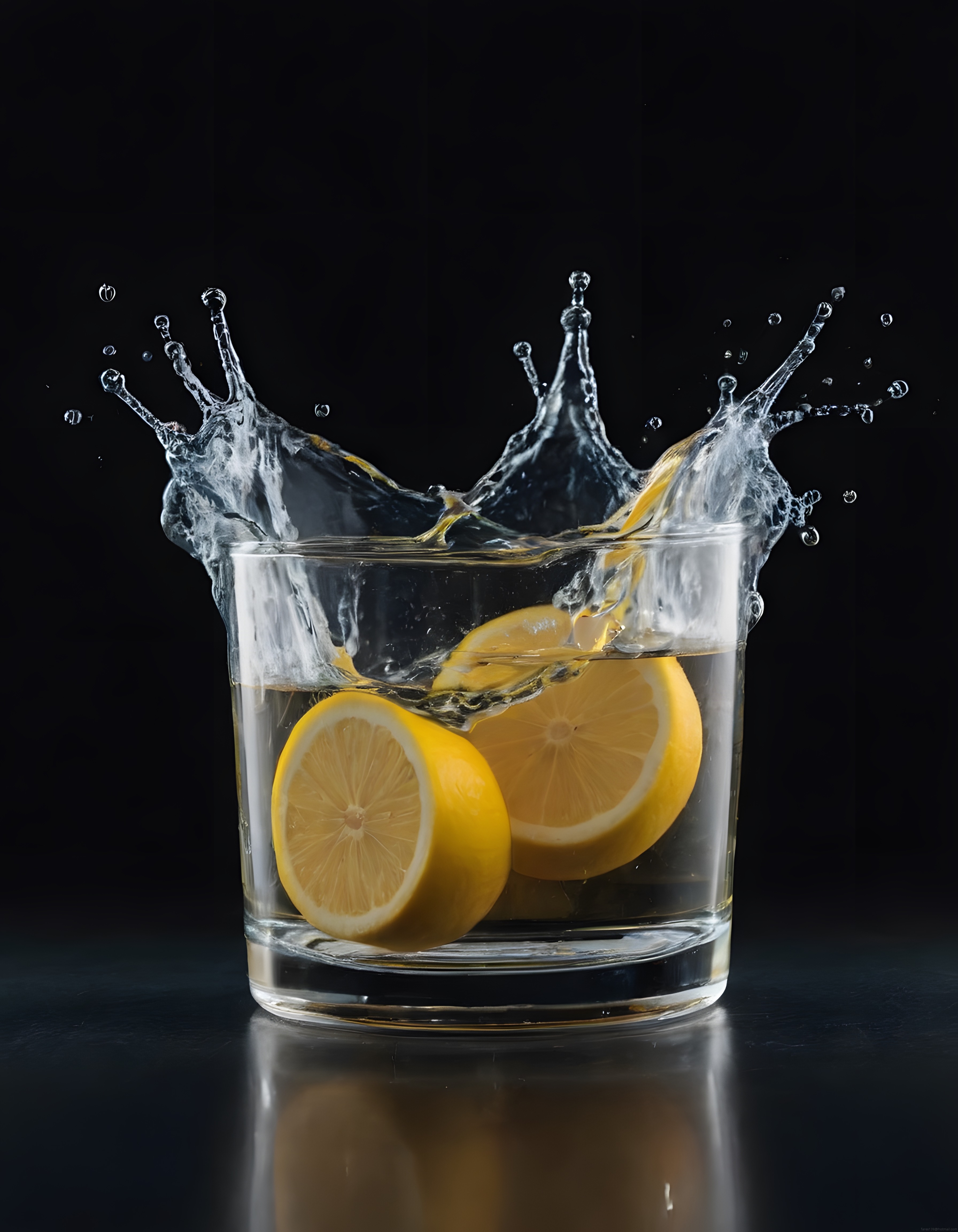 Siyah Zeminde Cam Bardakta Limonlu Su Sıçrama Anı ve İçecek Fotoğrafı