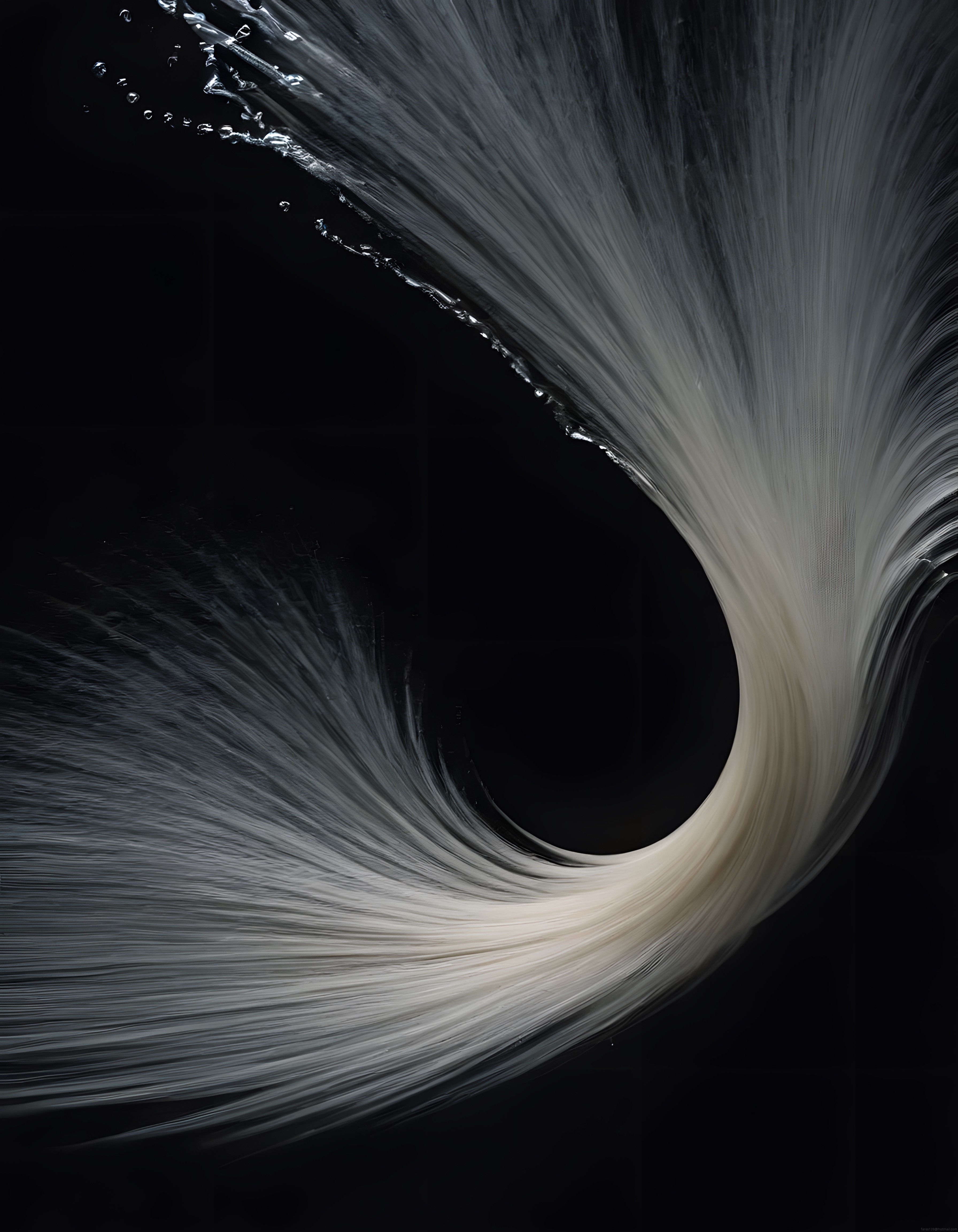 siyah zeminde dönen beyaz ipliksi dalgalı soyut spiral sanatsal görsel