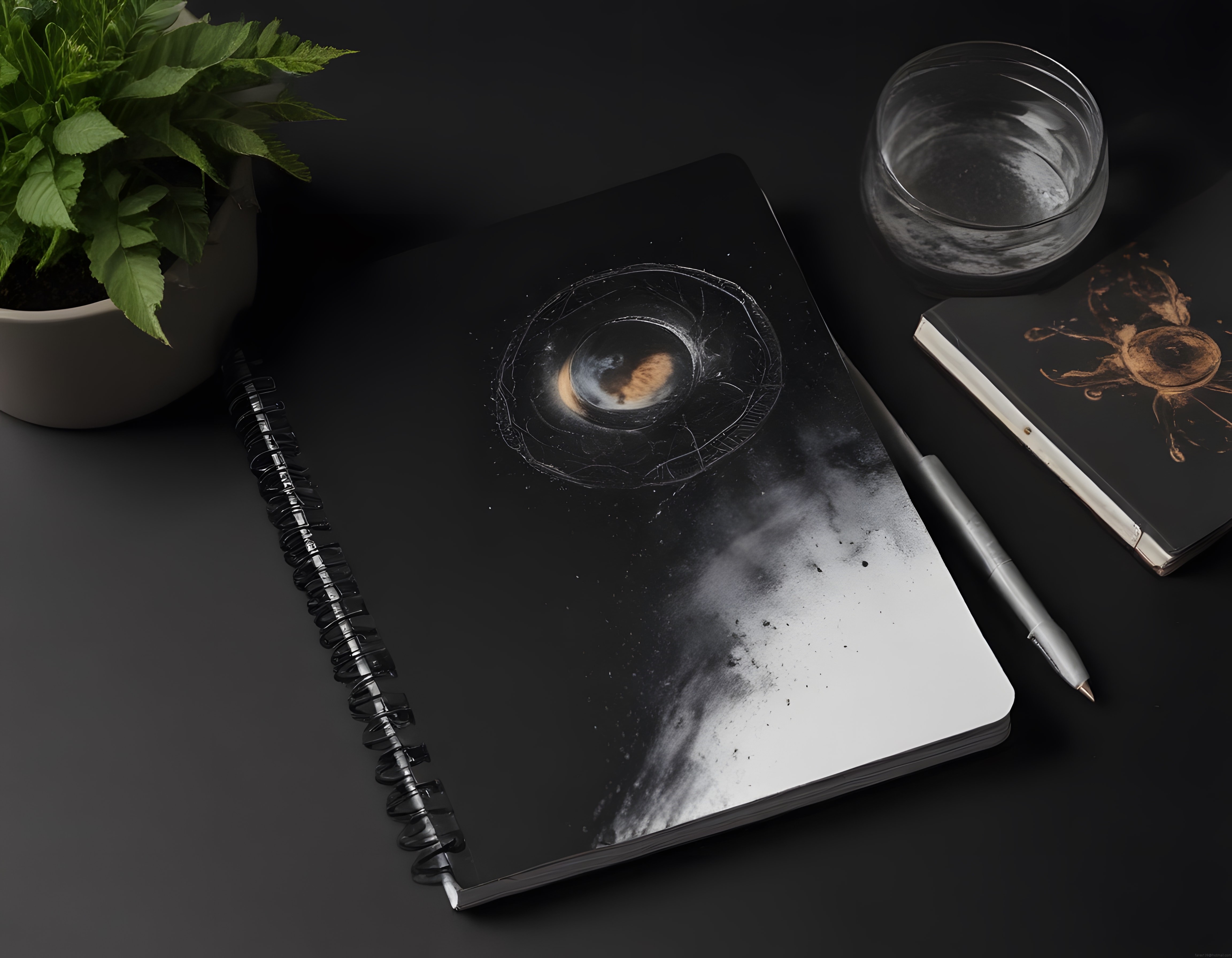 Siyah Zeminde Estetik Masa Düzeni: Galaksi Desenli Defter ve Minimal Aksesuarlar