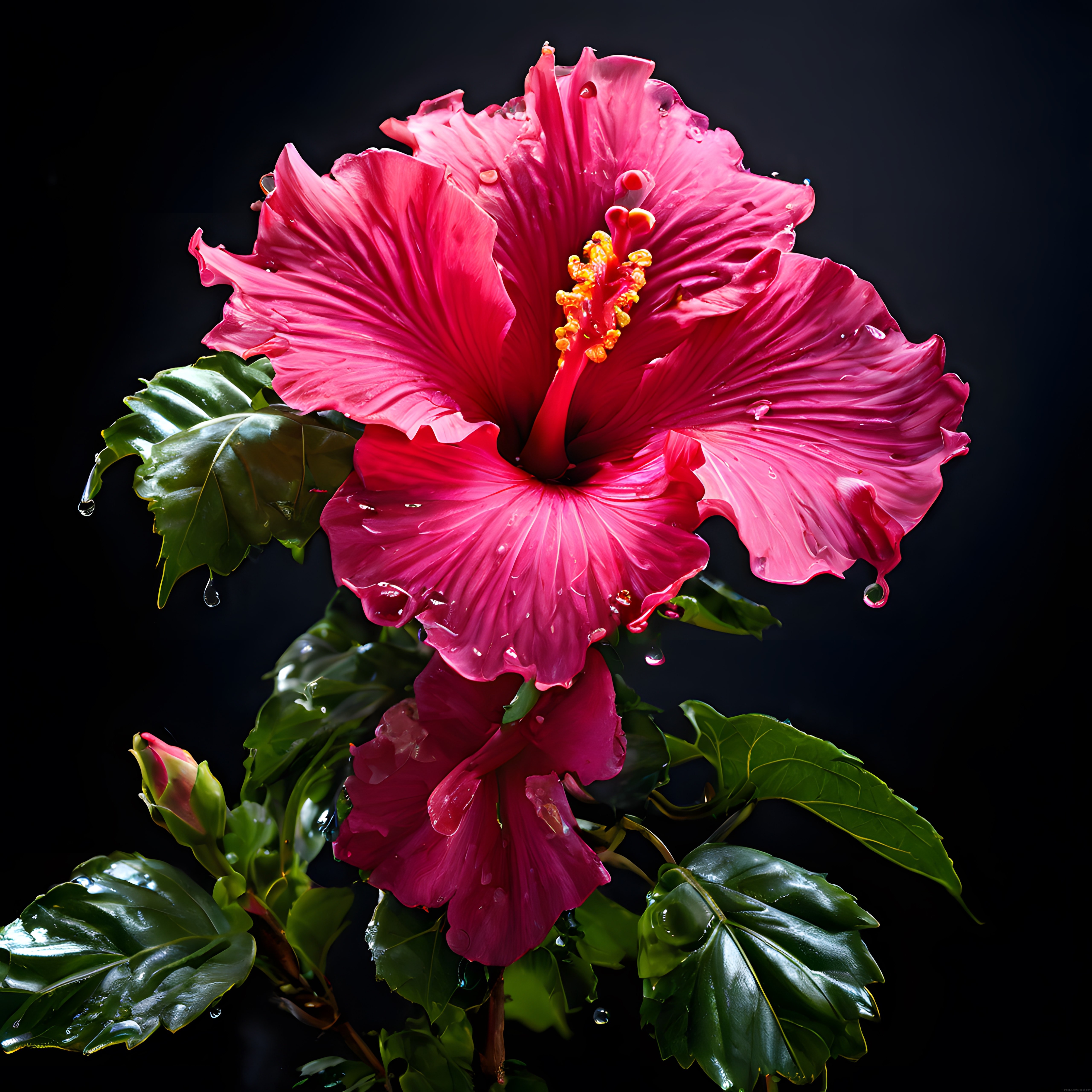 Siyah Zeminde Göz Alıcı Güzellikte Işık Oyunlarıyla Parıldayan Pembe Hibiskus