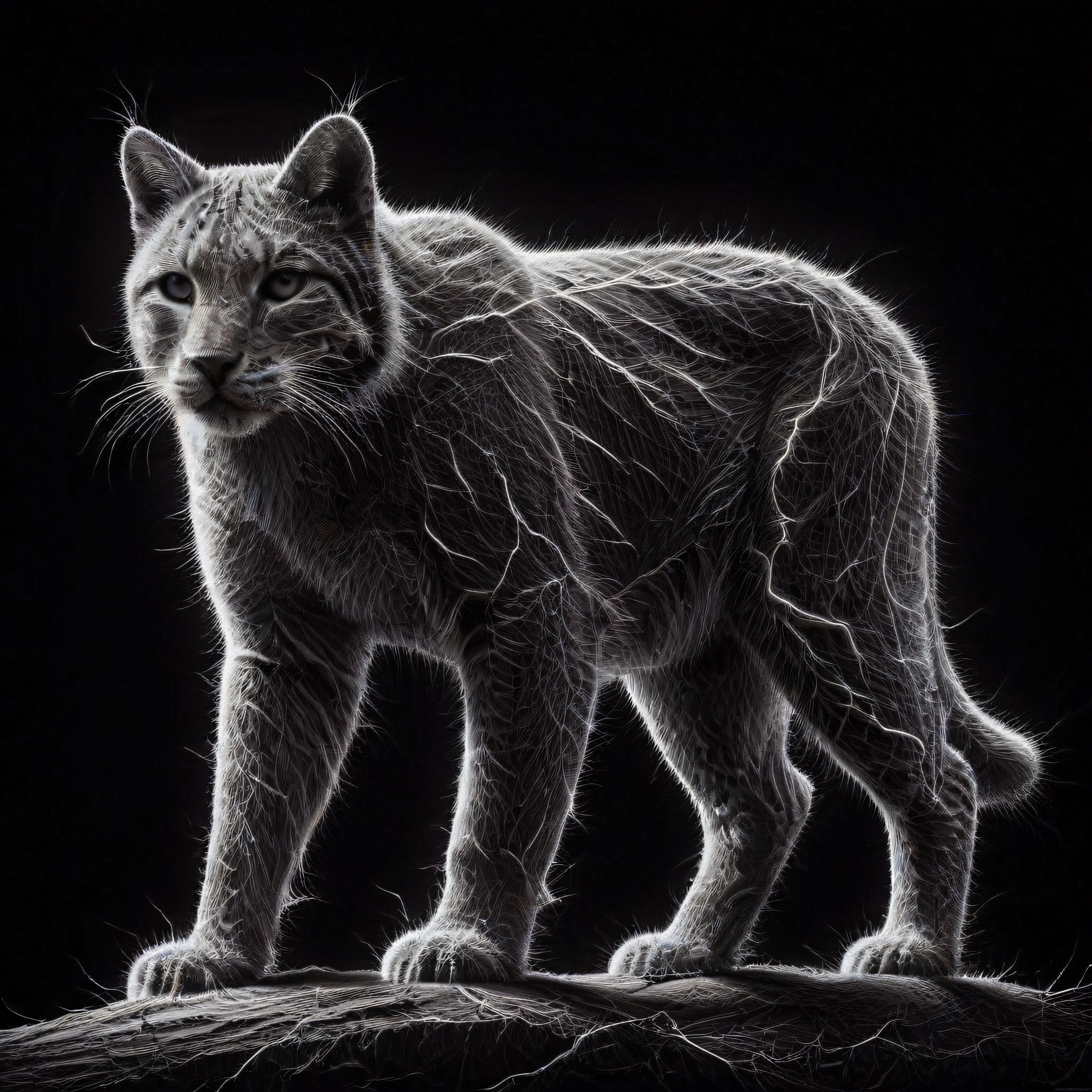 Siyah zeminde kayanın üstünde duran, tüyleri ışıkla vurgulanmış gri bir vaşak