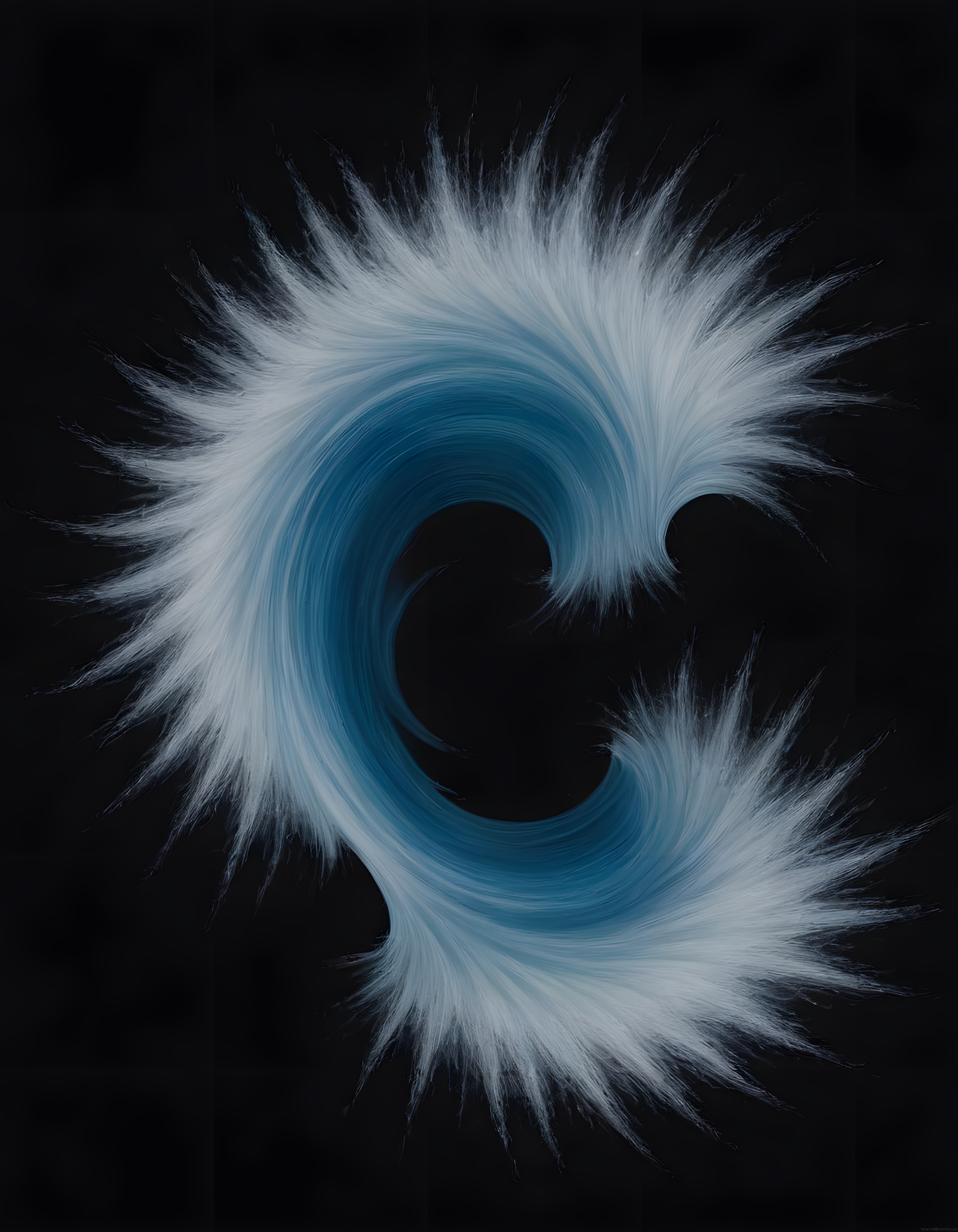 Siyah Zeminde Mavi Beyaz Tüylü Spiral Soyut Dijital Sanat Eseri