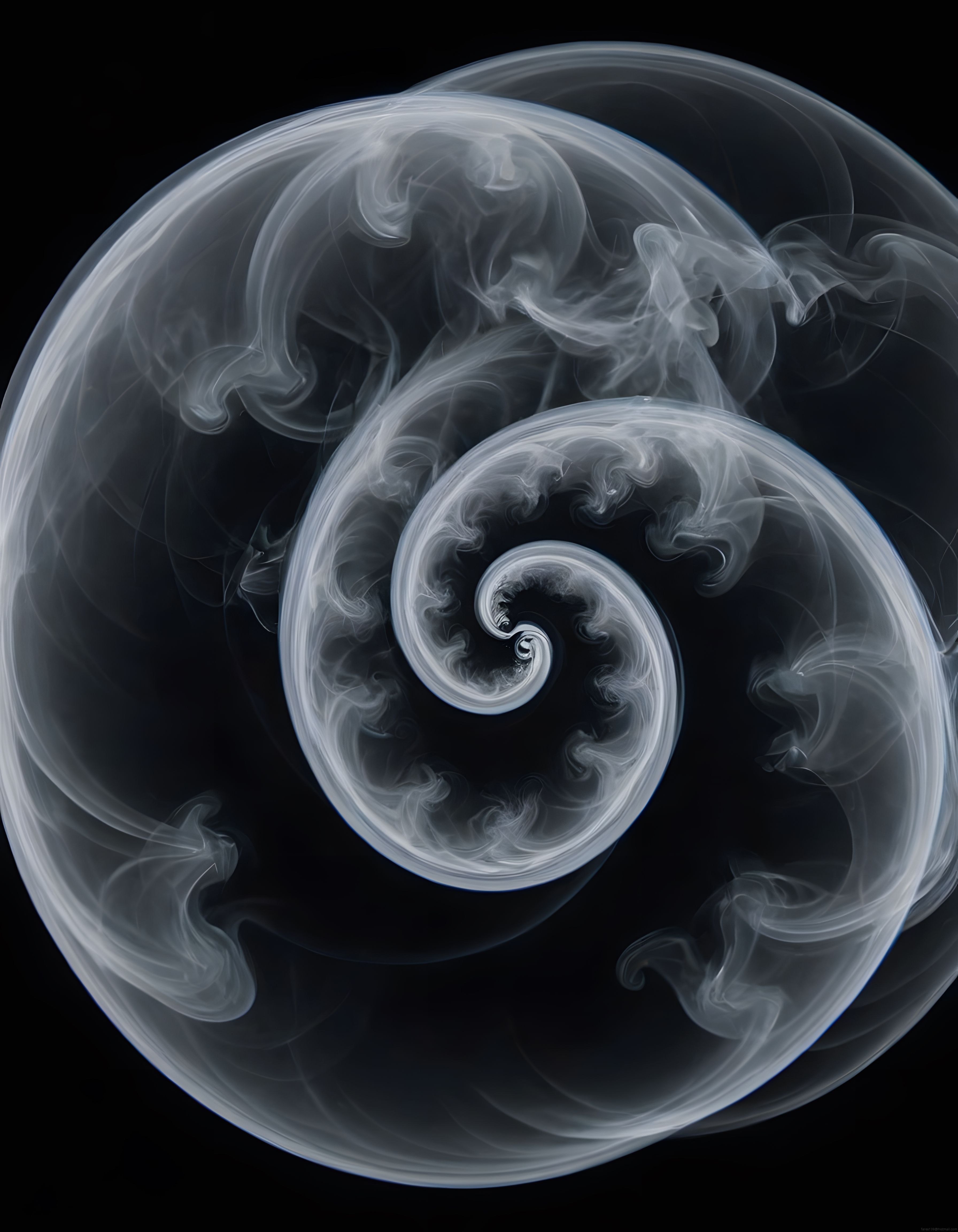 Siyah Zeminde Mistik Beyaz Dumanlı Spiral Soyut Fraktal Sanat Eseri