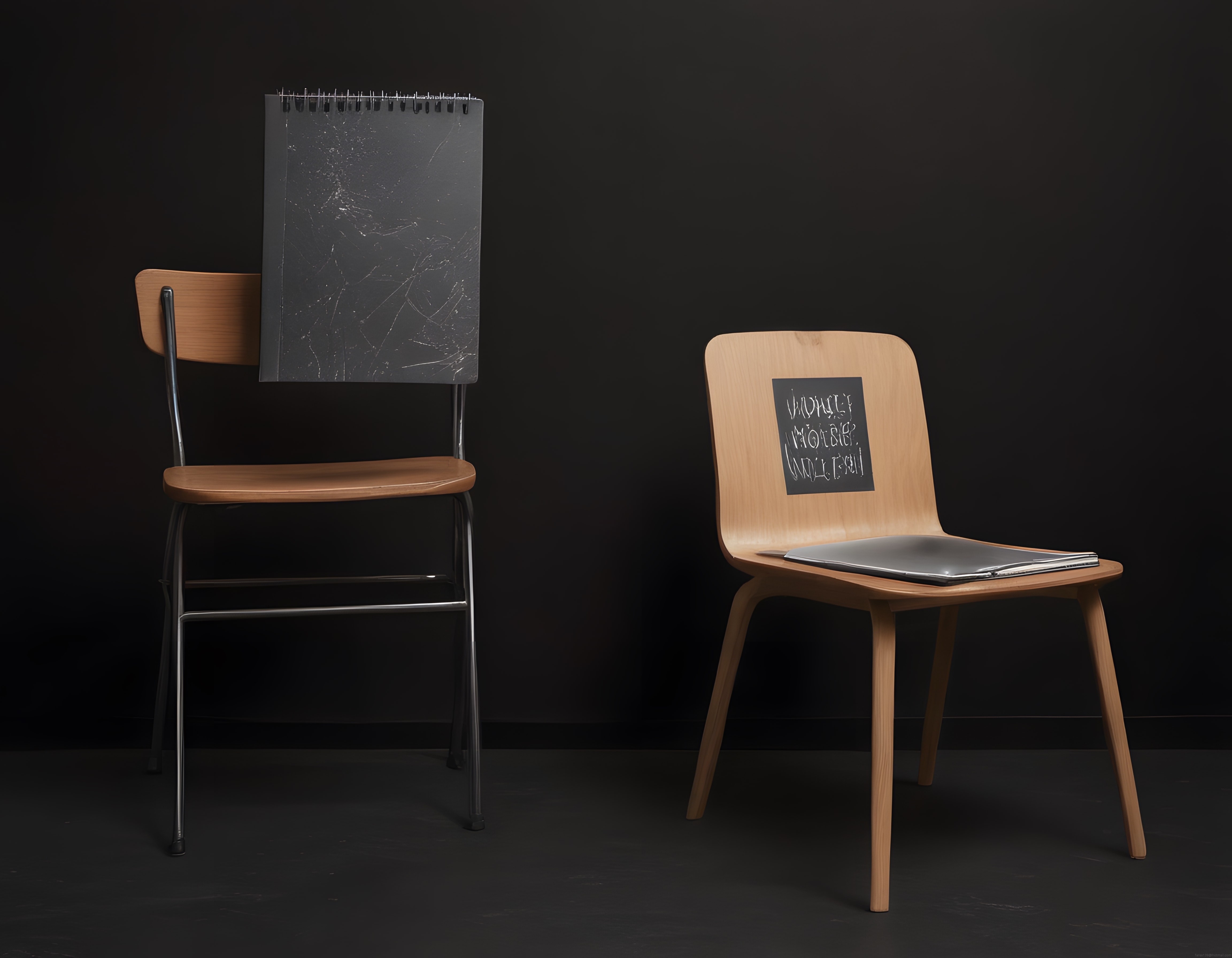 Siyah Zeminde Modern Sandalyeler ve Minimalist Not Defteri Kompozisyonu