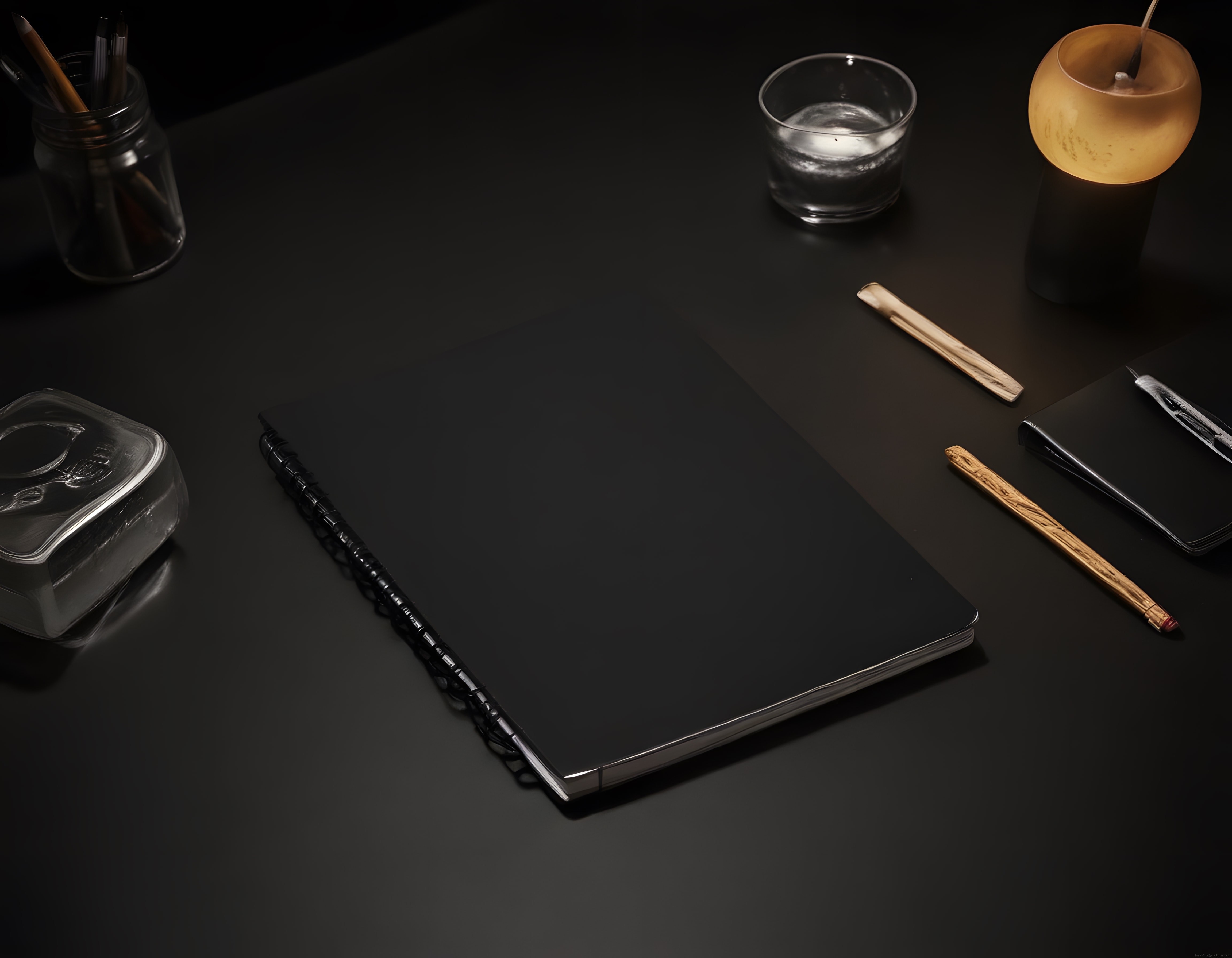 Siyah zeminde mürekkep, defter ve fırçalarla sanatçı masası düzeni
