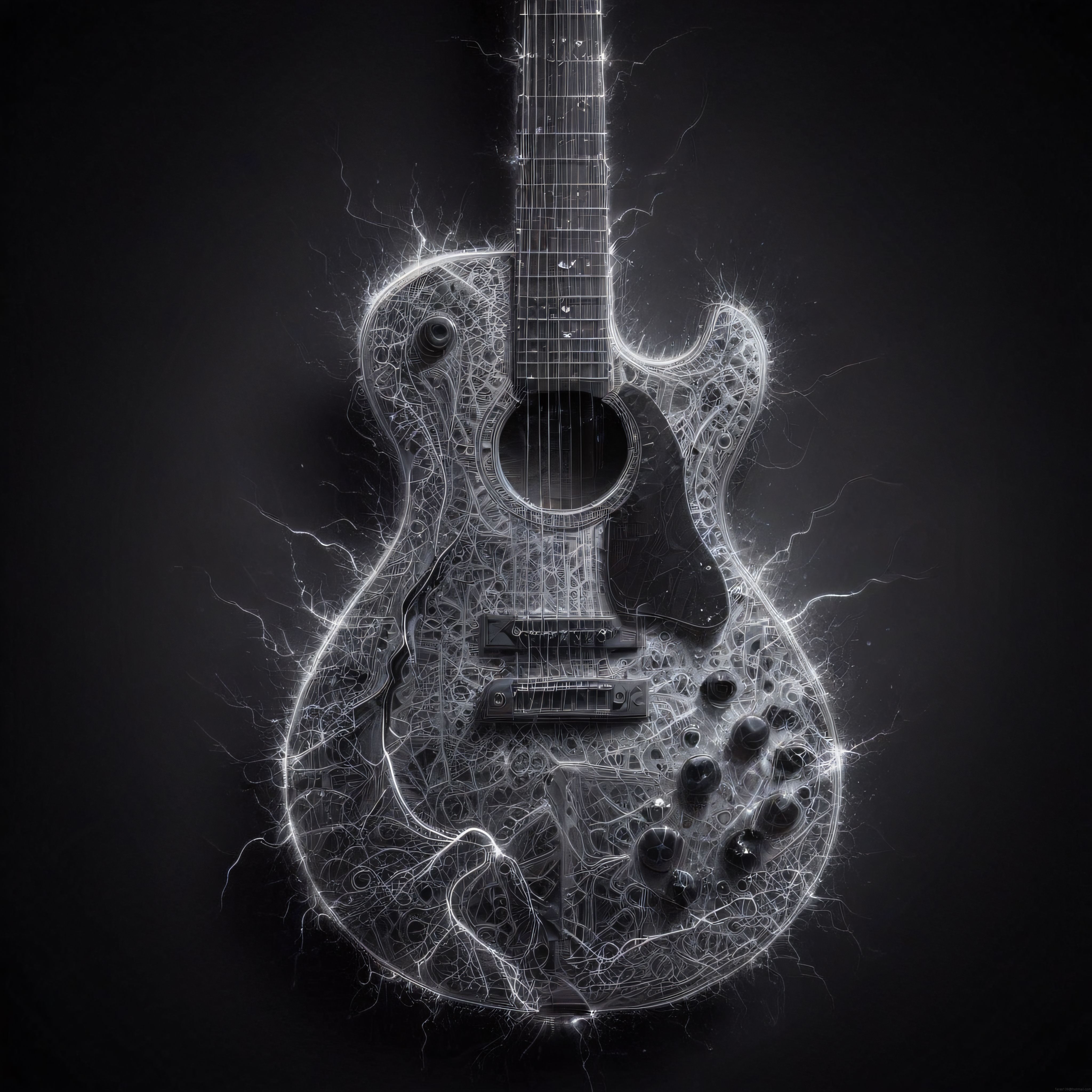 Siyah Zeminde Parıldayan Beyaz Enerji Hatlarıyla Süslenmiş Elektro Gitar