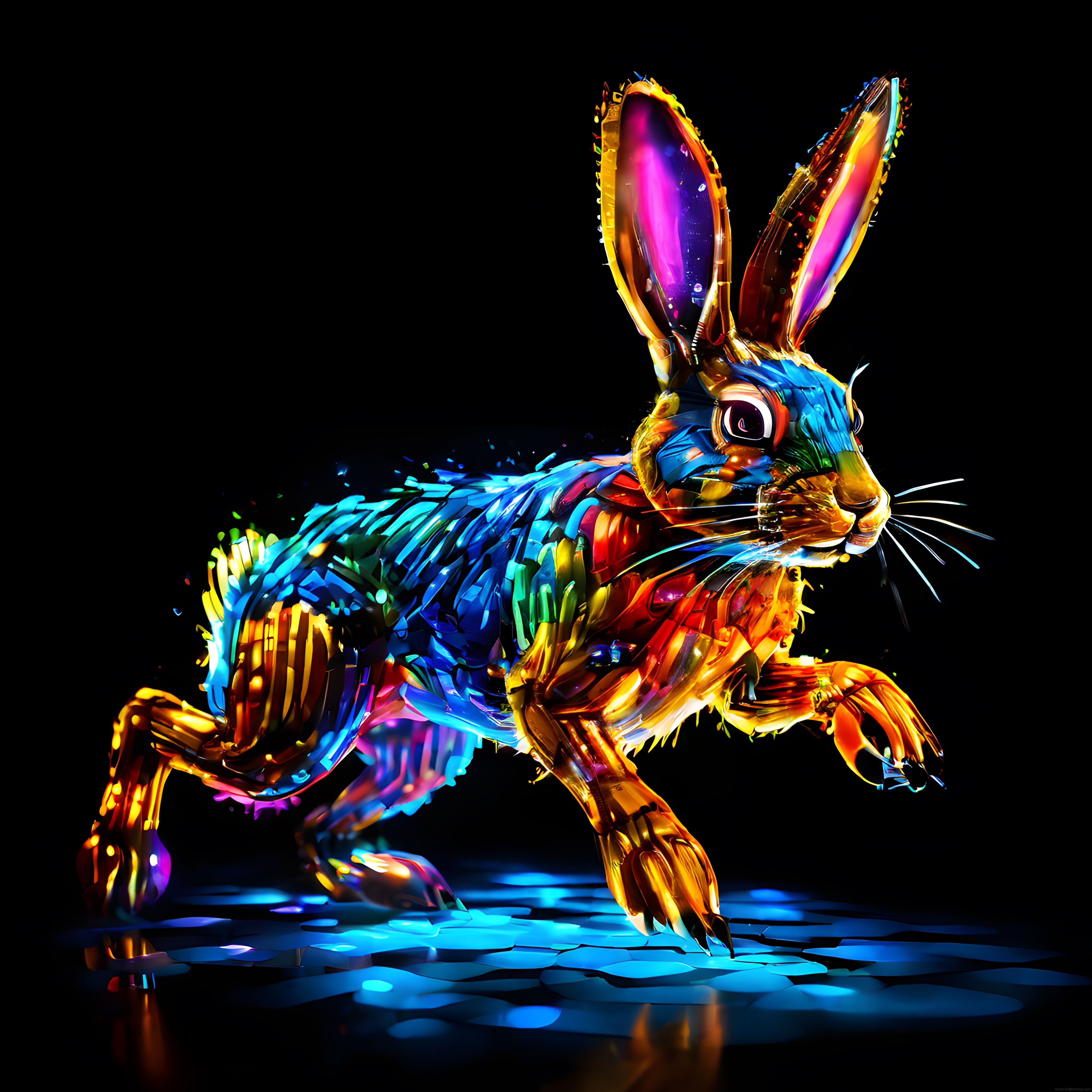 Siyah Zeminde Parıldayan Neon Kristal Tavşan Dijital Sanat Eseri