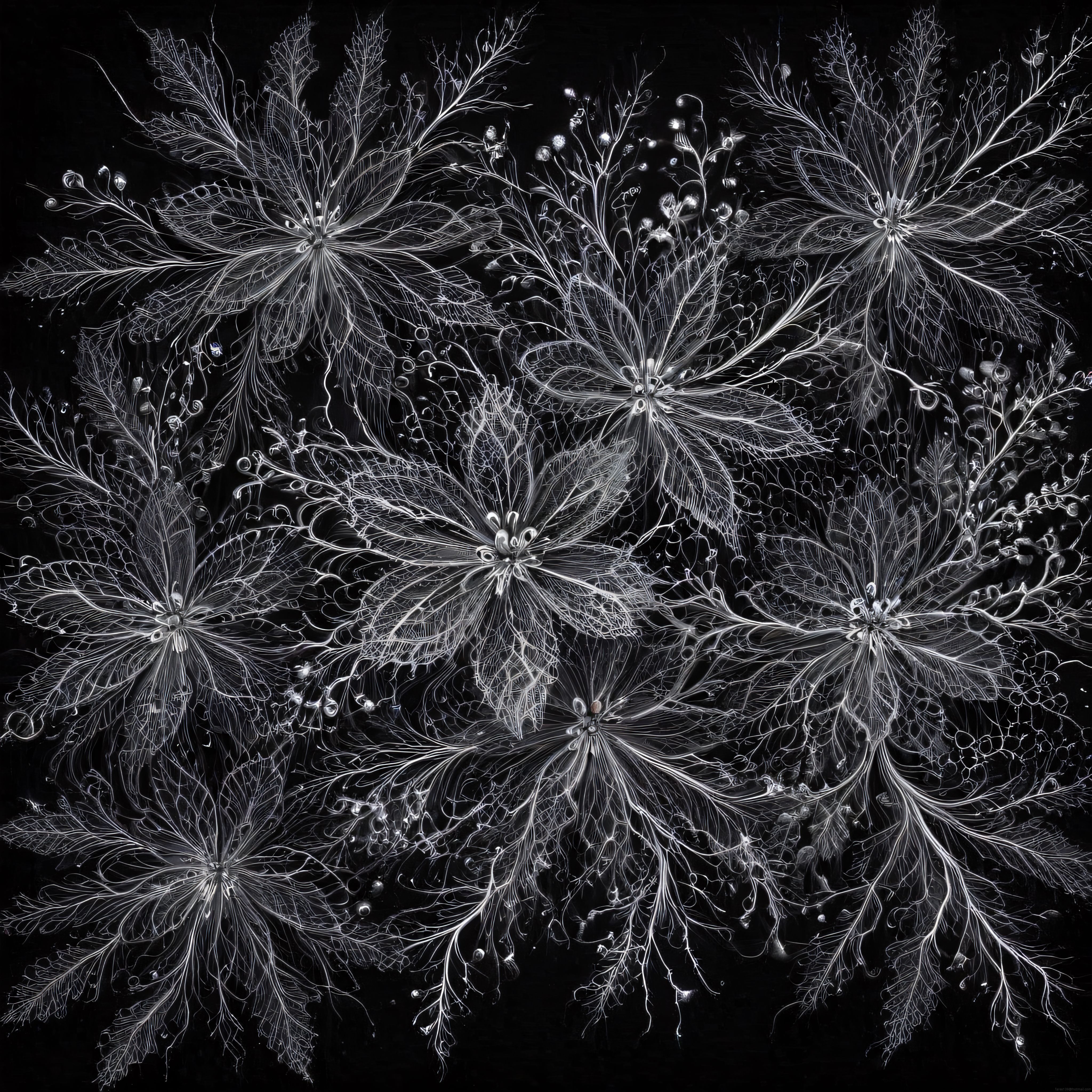 Siyah Zeminde Parlayan Gümüşi Organik Ağlar ve Mikroskobik Dallanmalar