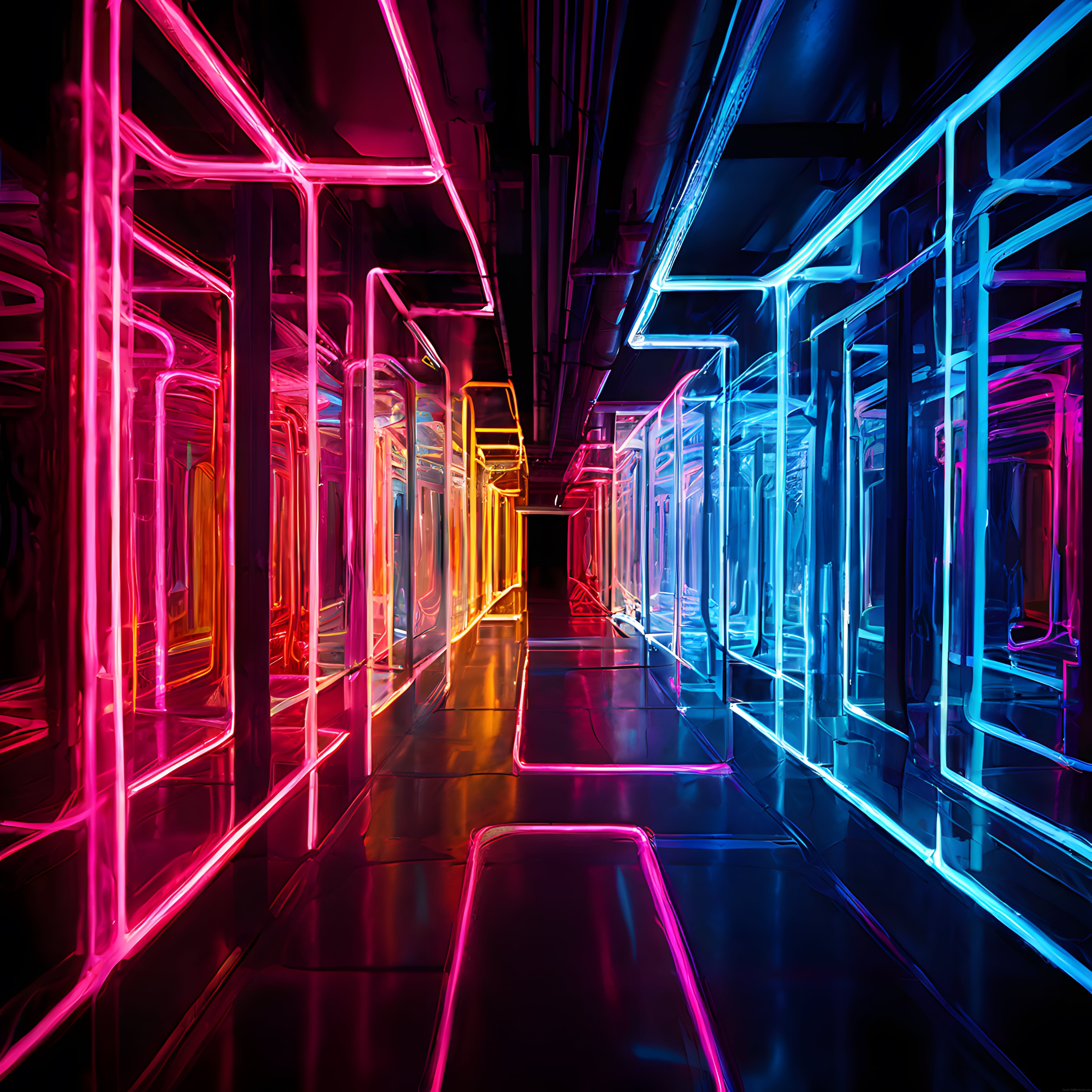 Siyah Zeminde Renkli Neon Işıklarla Kaplanmış Futuristik Gece Kulübü Koridoru