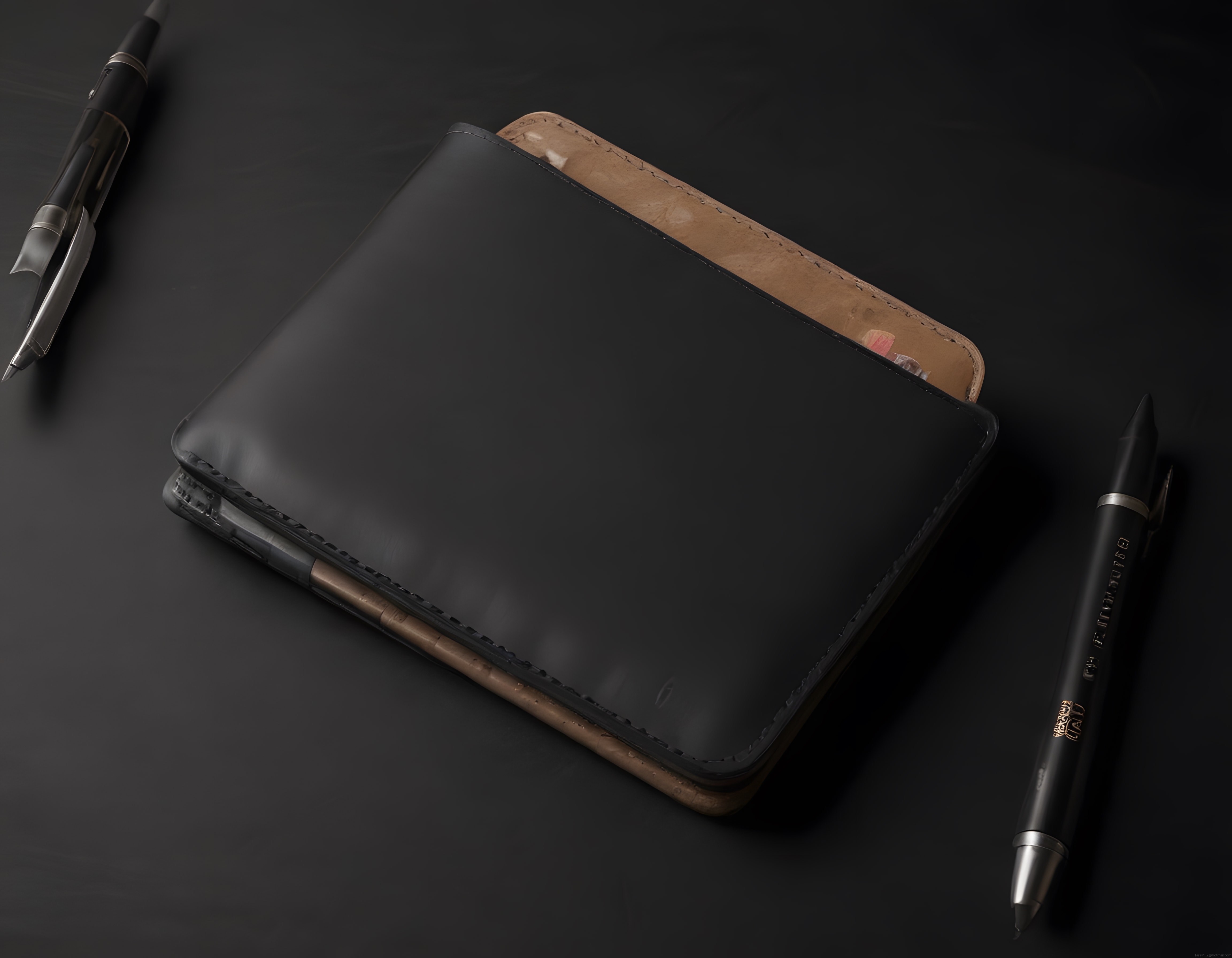 Siyah Zeminde Şık Deri Defter ve Kalem ile Minimalist Masa Düzeni