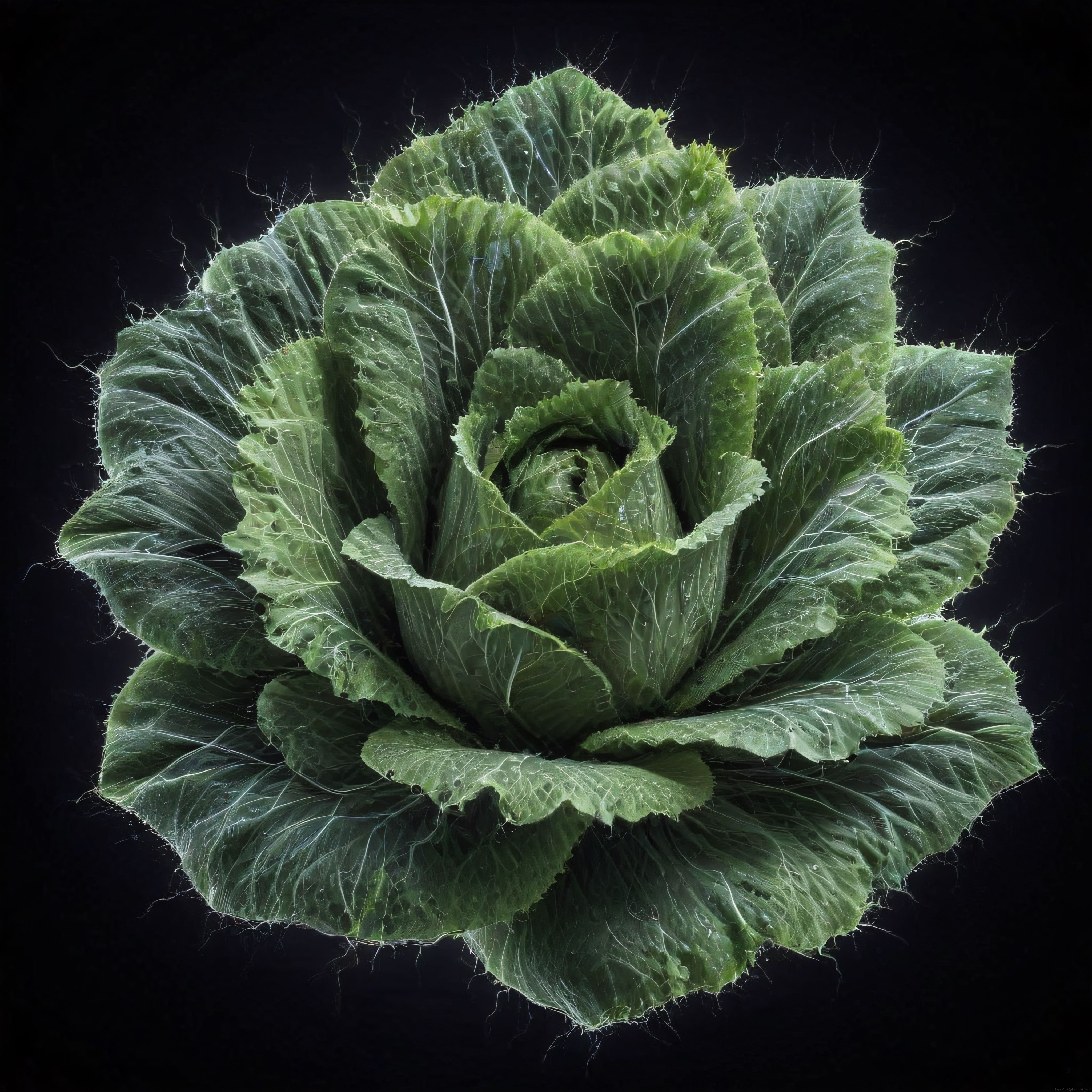 Siyah zeminde spiral yeşil yaprakların sanatsal ve detaylı makro fotoğrafı