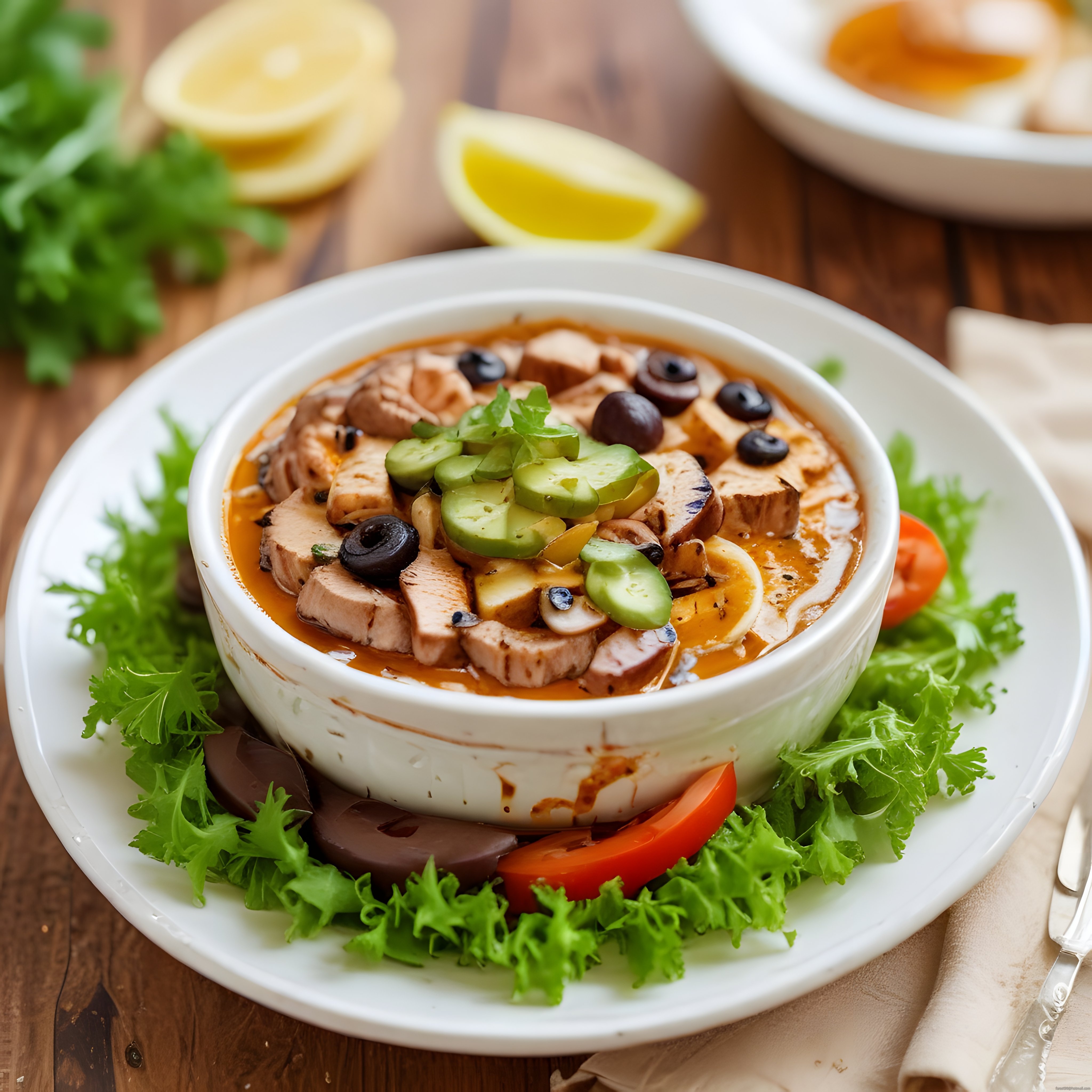 Siyah Zeytin ve Salatalıkla Süslenmiş Tavuklu Mantar Çorbası Tarifi