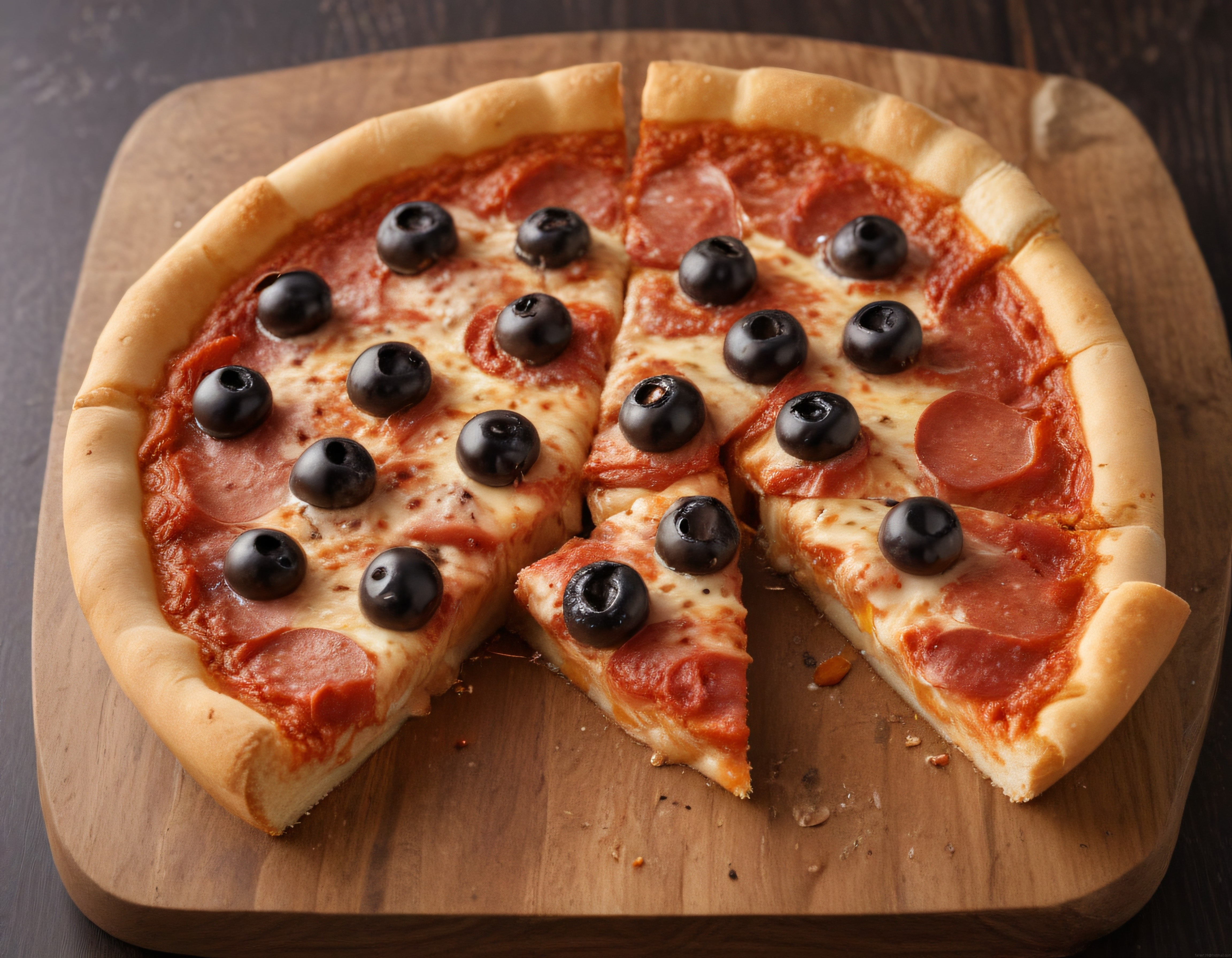 Siyah Zeytinli ve Sucuklu Pizza Dilimleri Ahşap Sunum Tahtası Üzerinde