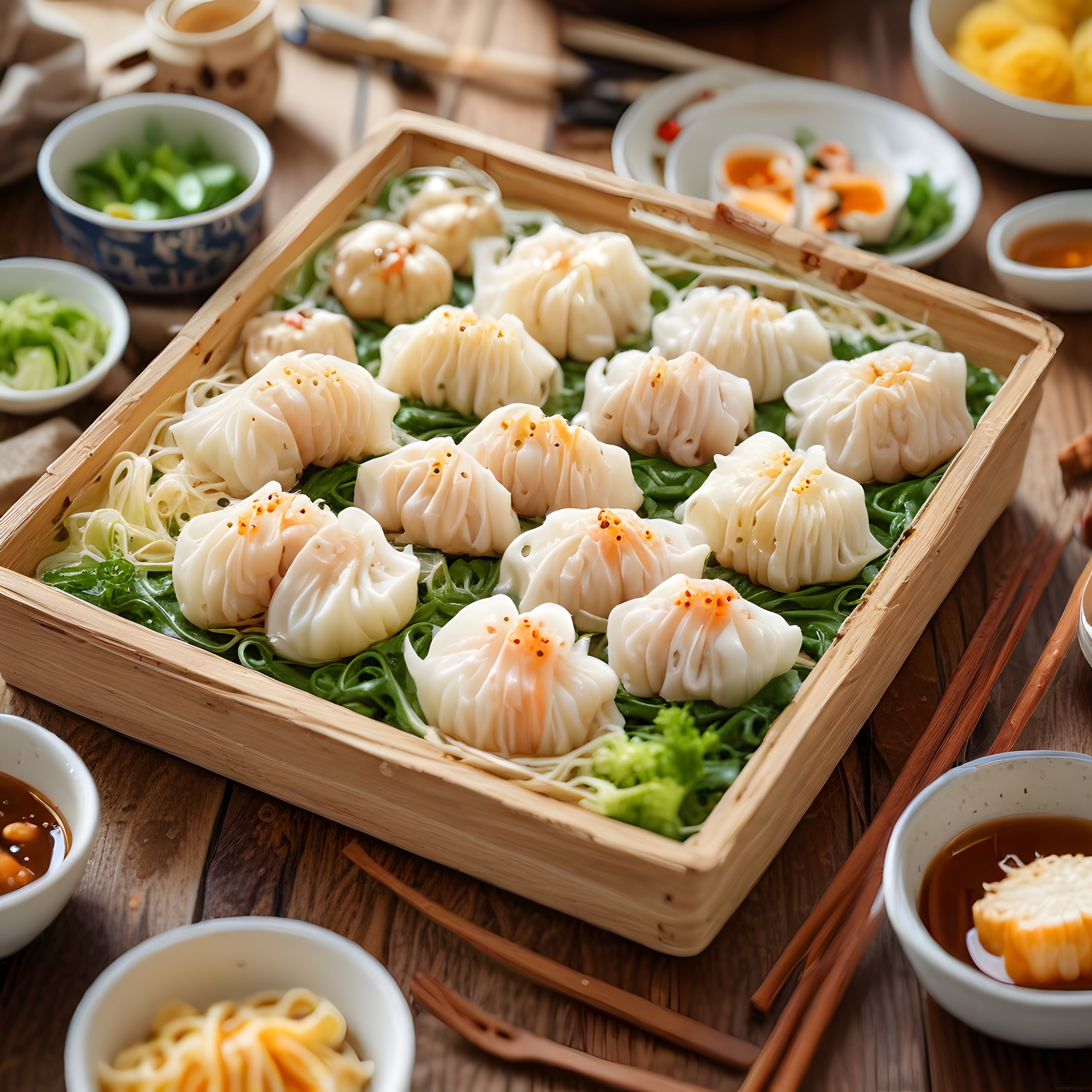 Sızma bambu sepetinde buğulanmış dim sum ve geleneksel asya sofrası